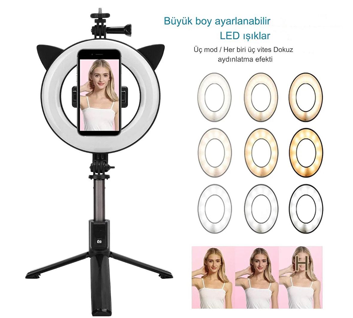 Uzaktan Kumandalı Blutootlu Kablosuz Selfie Çubuğu 9 Farklı Işık Modlu  Halka Işık Tripod    