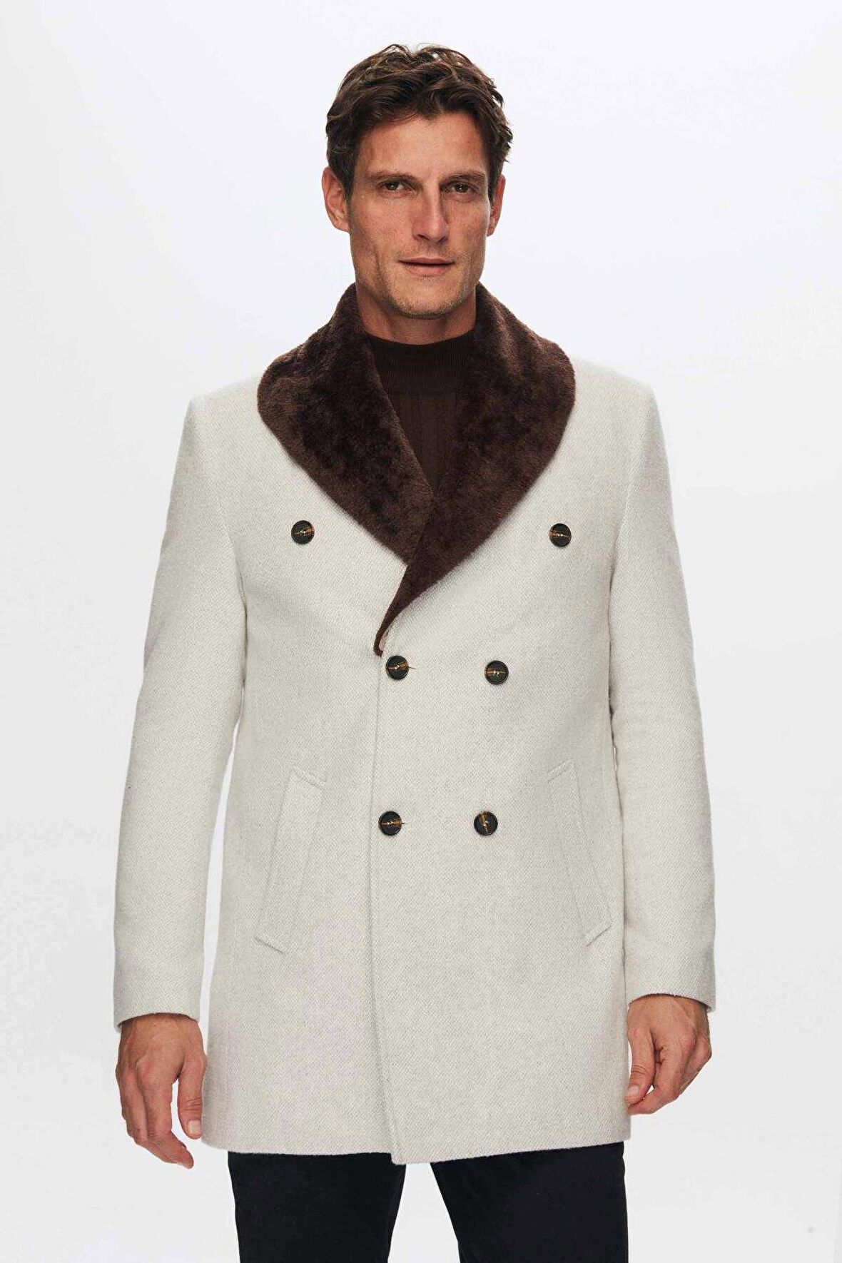 Ds Damat Regular Fit Bej Yakası Çıkartılabilir Kürklü Kaban 9HF08ORT10004 9HF08ORT10004