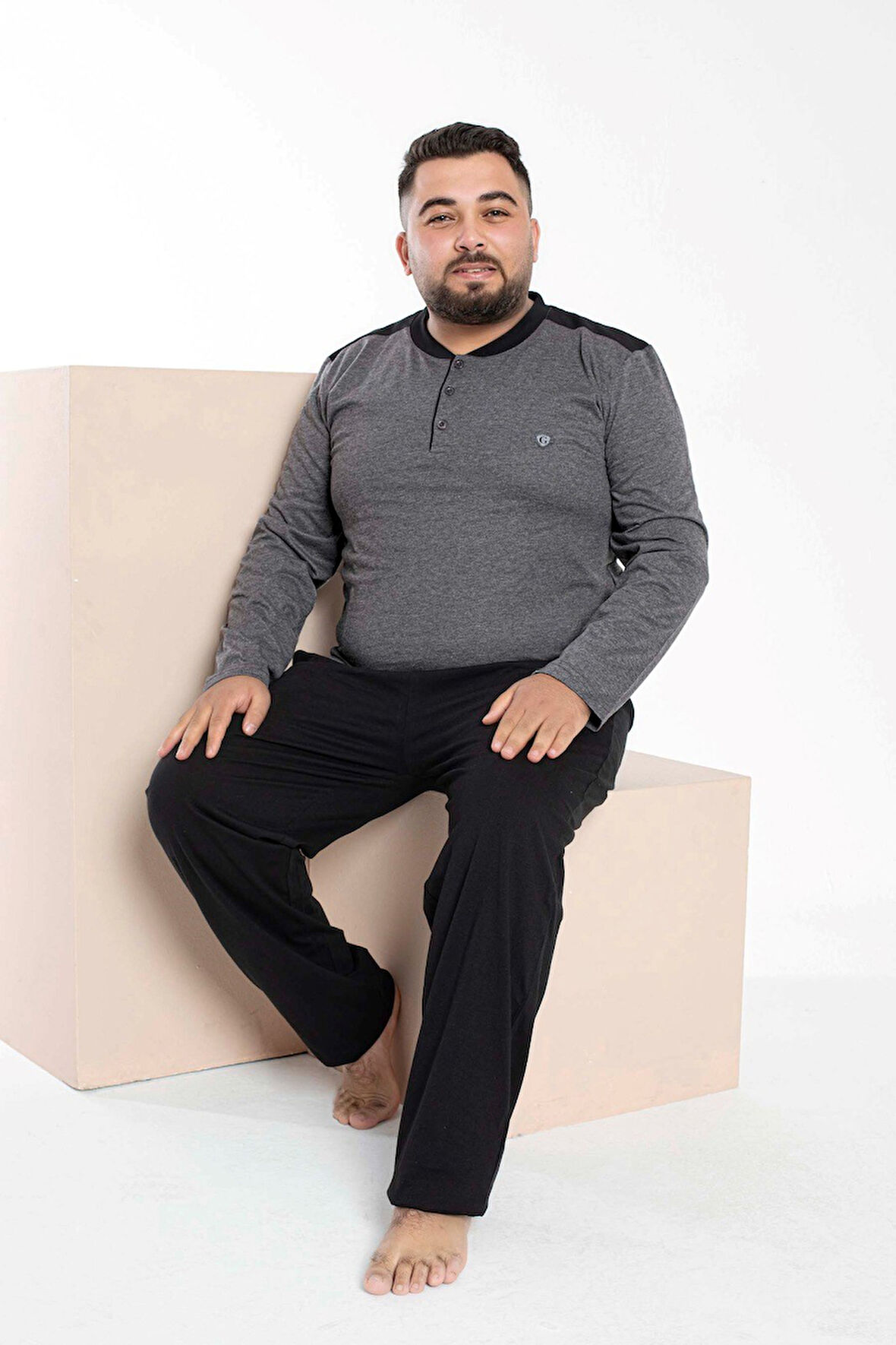 Erkek Büyük Beden 3 Düğmeli %100 Pamuk Cepli Mevsimlik Pijama Takımı