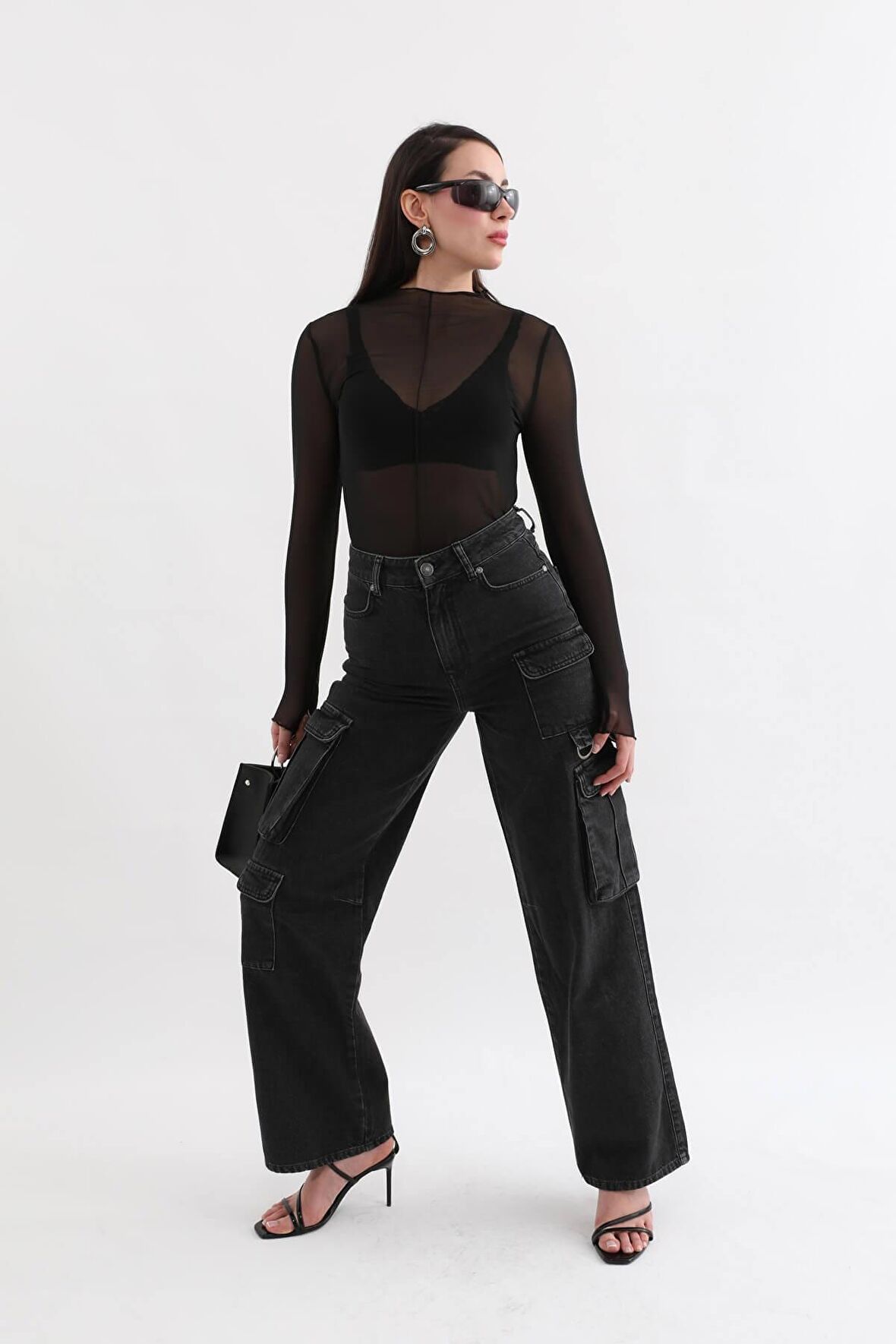 Kadın Kargo Cepli Jean Pantolon Antrasit