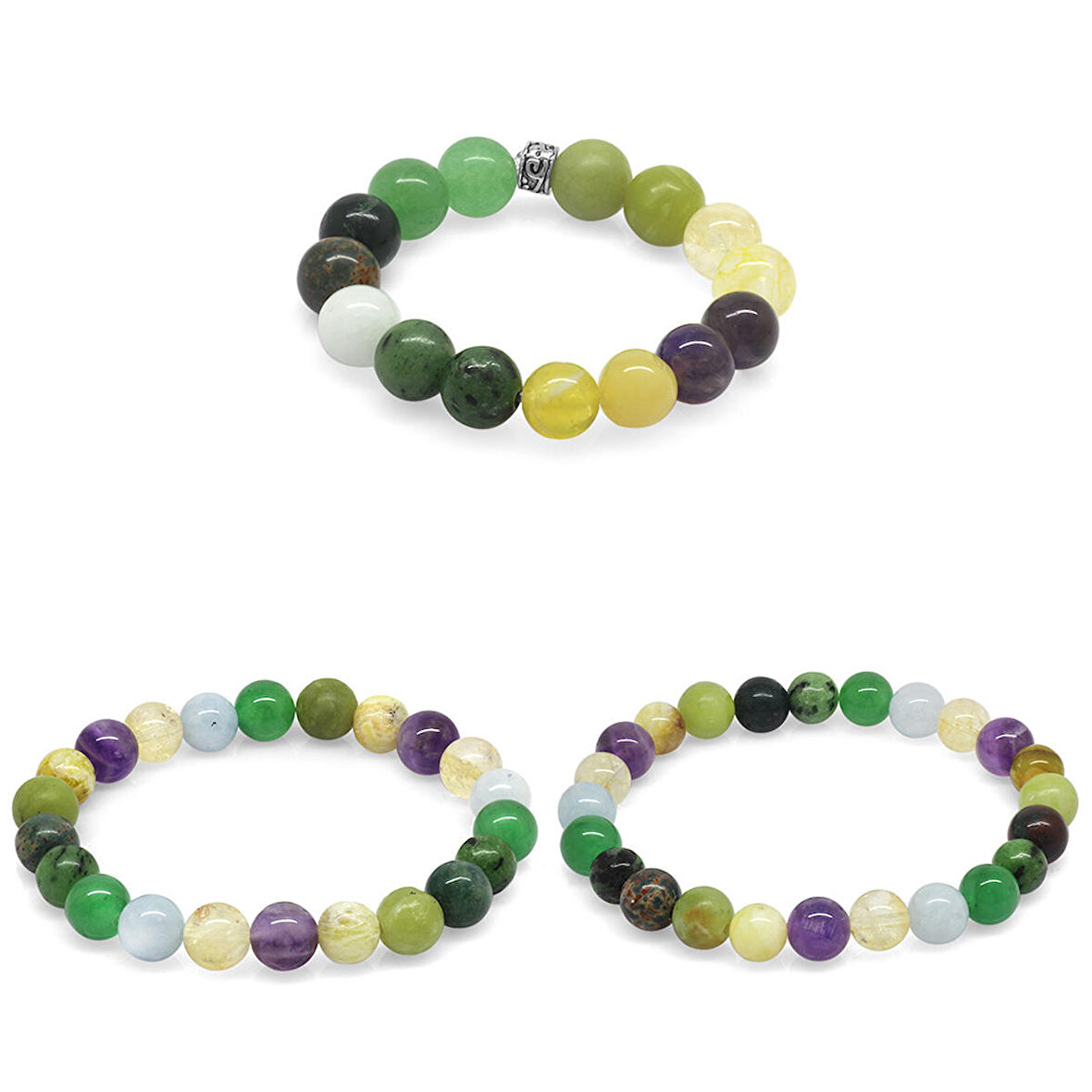 Tesbihane Küre Kesim Çoklu Doğaltaş Kombinli Kadın-Erkek-Çocuk Şifa Bilekliği(3lü Set)