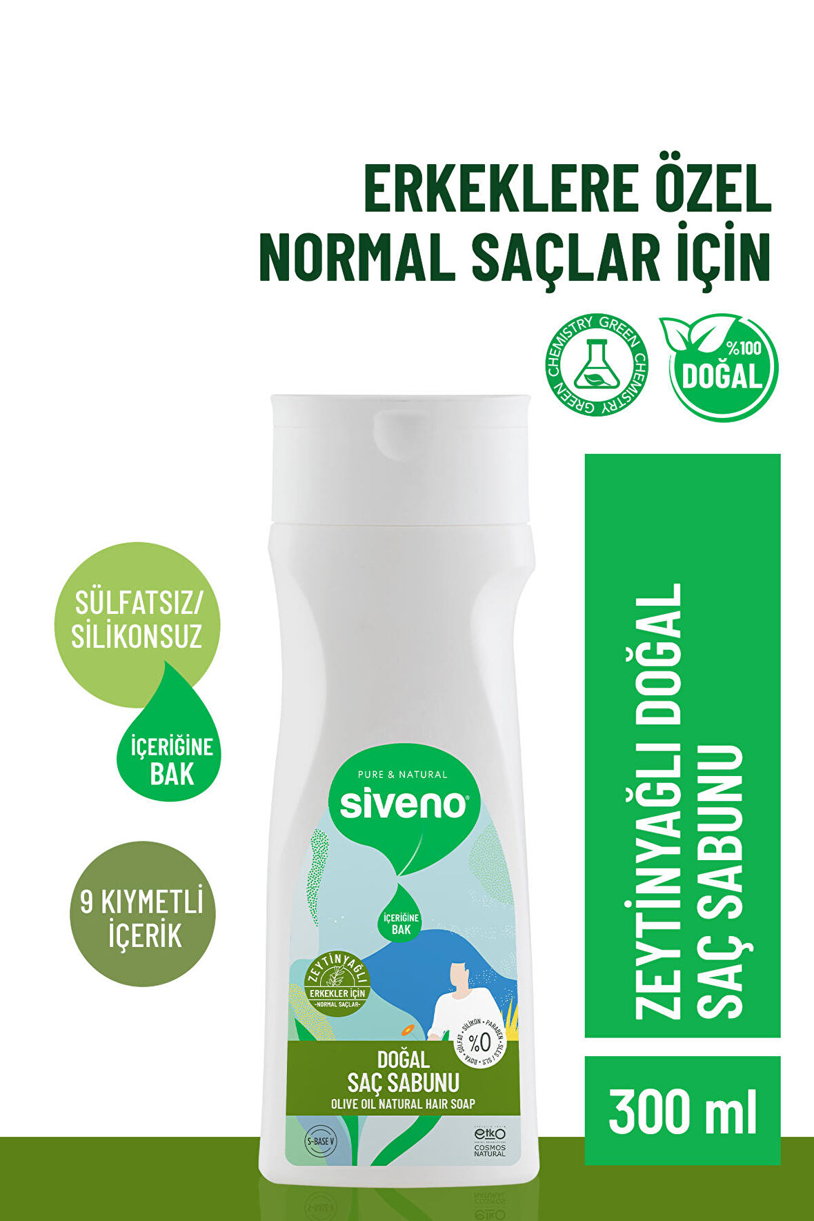 Siveno %100 Doğal Saç Sabunu Zeytinyağlı Bal Avokado 9 Değerli Bitki Erkekler Için Bitkisel Şampuan 300 ml