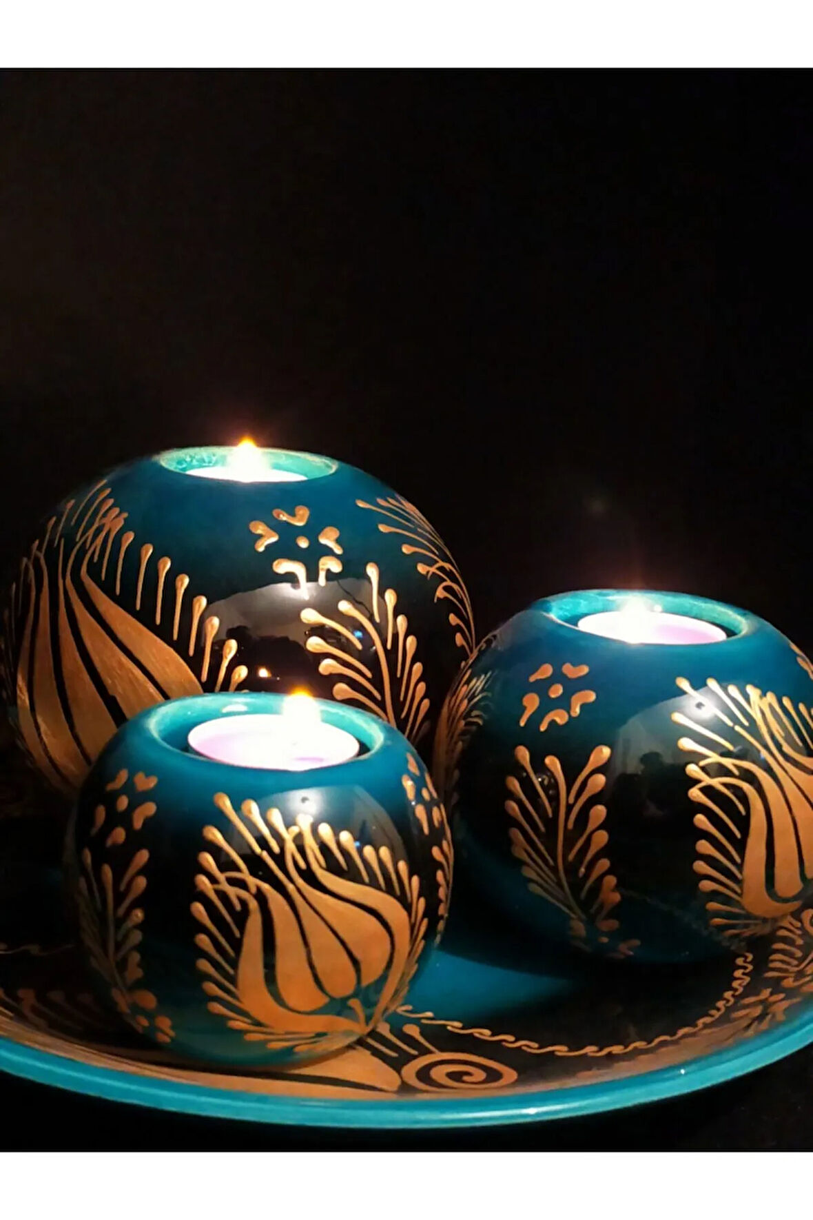 Dekoratif Seramik Mumluk 3'lü Ve Tabakllı Set Turkuaz Gold