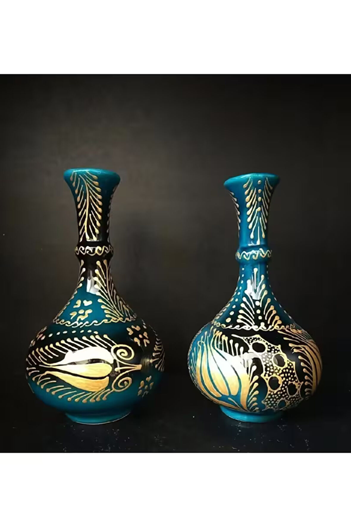 El İşlemeli 2'li Zümrüt Yeşili Göz Yaşı 20 cm Altın Yaldızlı Vazo