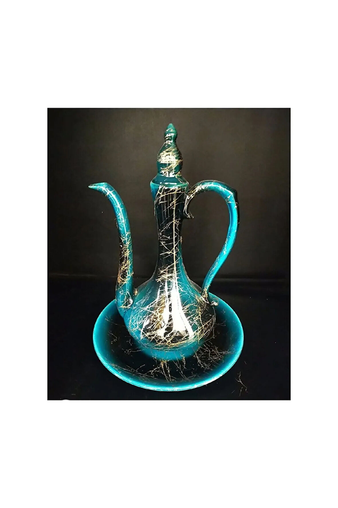 El Yapımı Büyük Boy Çini Ibrik (TABAKLI) Yaldız Işlemeli Yeşil Turkuaz Renk Ibrik Boy 25 Cm