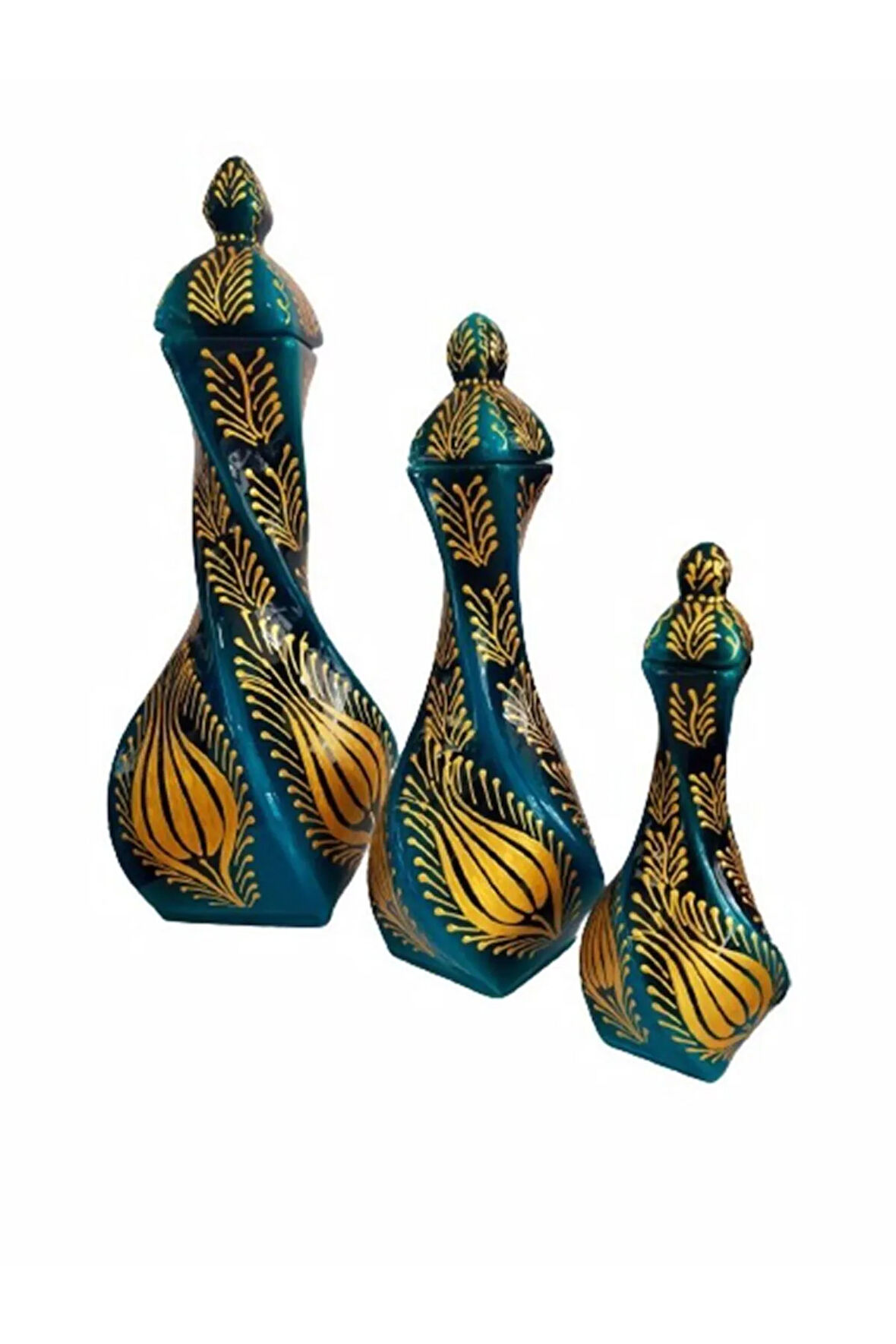 Turkuaz Altın El İşlemeli Burgu Vazo 3'lü