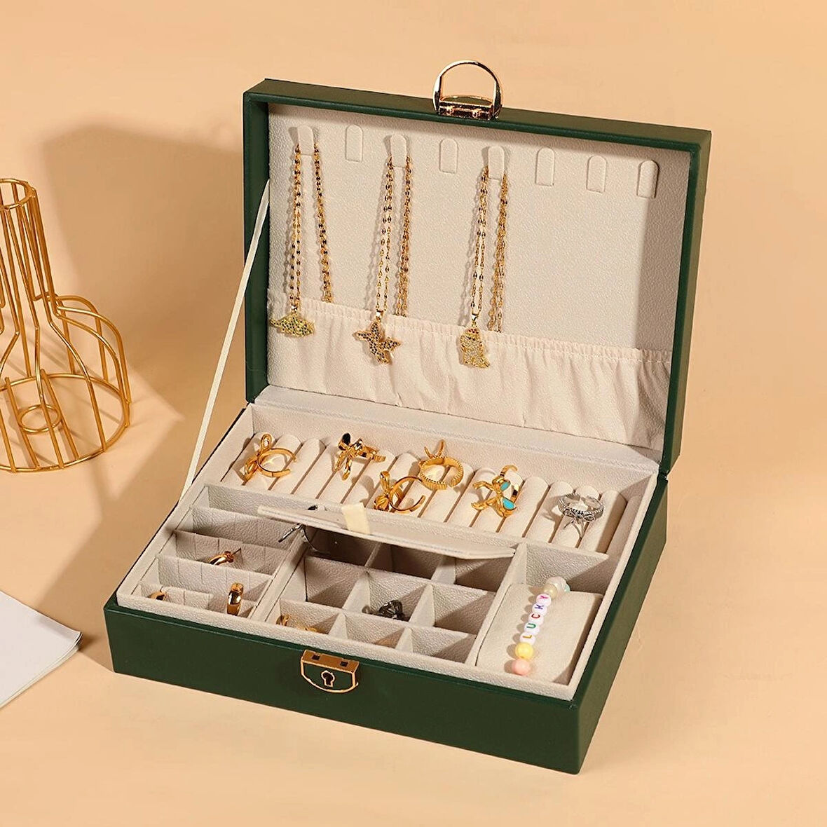 Mücevher Kutusu Organizer Düzenleyici Takı Kutusu Anahtarlı Kolye Küpe Saat Kutusu YEŞİL