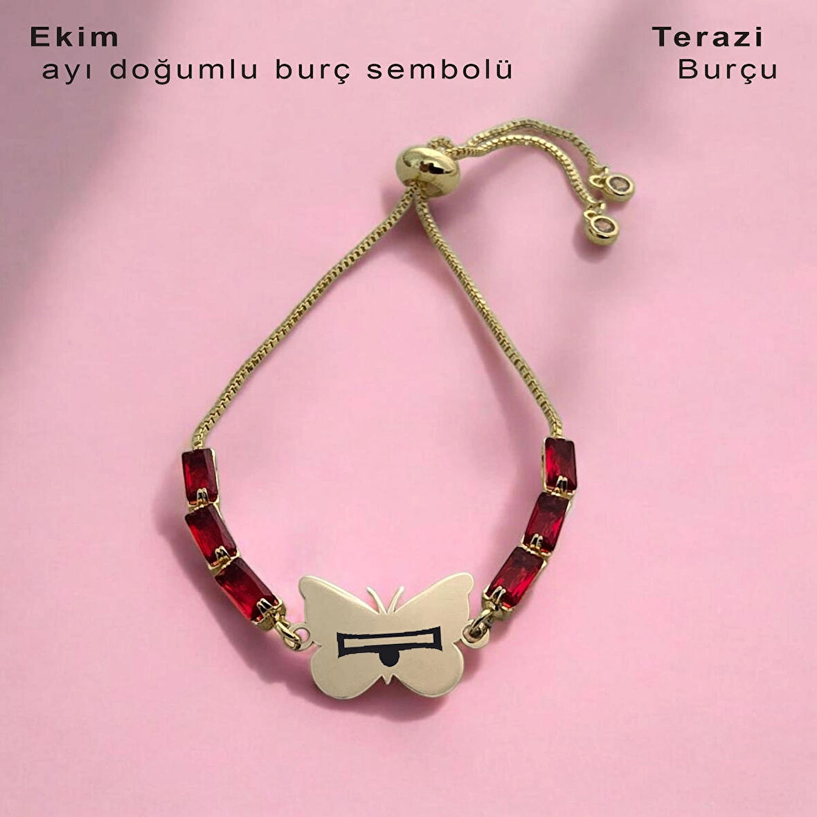 Kırmızı Taşlı Kelebek Figürlü 14 Ayar Altın Plakalı Özel Burç Sembolüyle Ekim Bilekliği