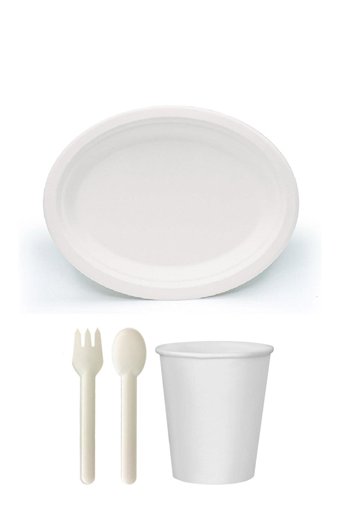 Ekolojik 72 Kişilik Parti Piknik Sofra Sunum Seti - 28x20 Cm. Oval Tabak Bardak Çatal Kaşık Takımı