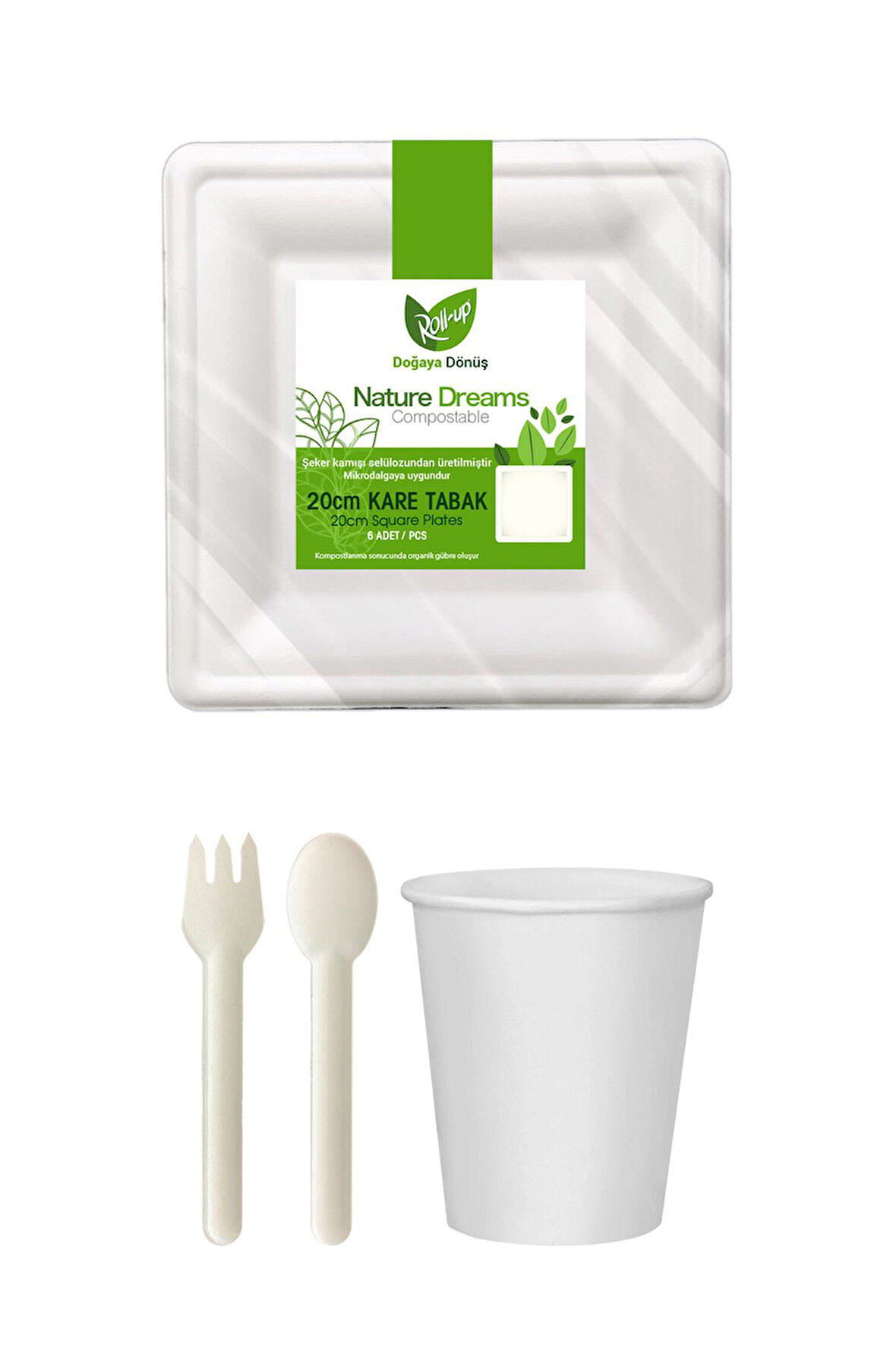 Ekolojik Kare 20 Cm. 24 Kişilik Parti Piknik Sofra Sunum Seti - Tabak Bardak Çatal Kaşık Takımı