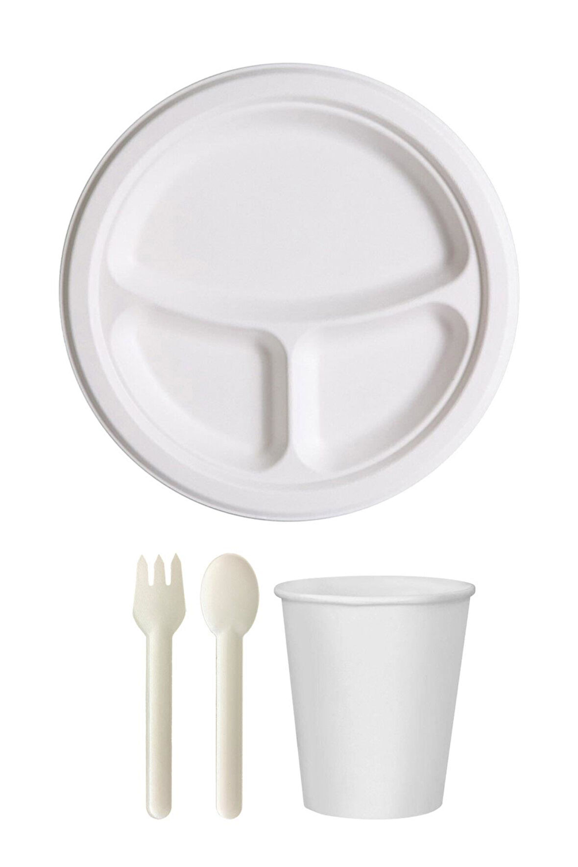 Ekolojik 26 Cm. 3 Bölmeli 72 Kişilik Parti Piknik Sofra Sunum Seti -Tabak Bardak Çatal Kaşık Takımı