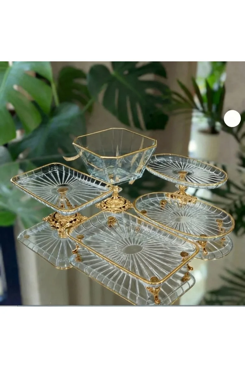 Vintage 5 Parça Gold Kristal Sunum ve Servis Seti
