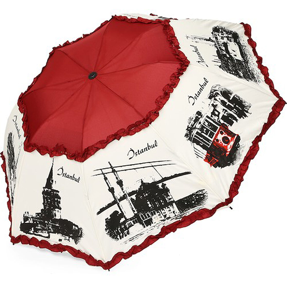 Eleven Bordo İstanbul Konseptli Katlanır Şemsiye