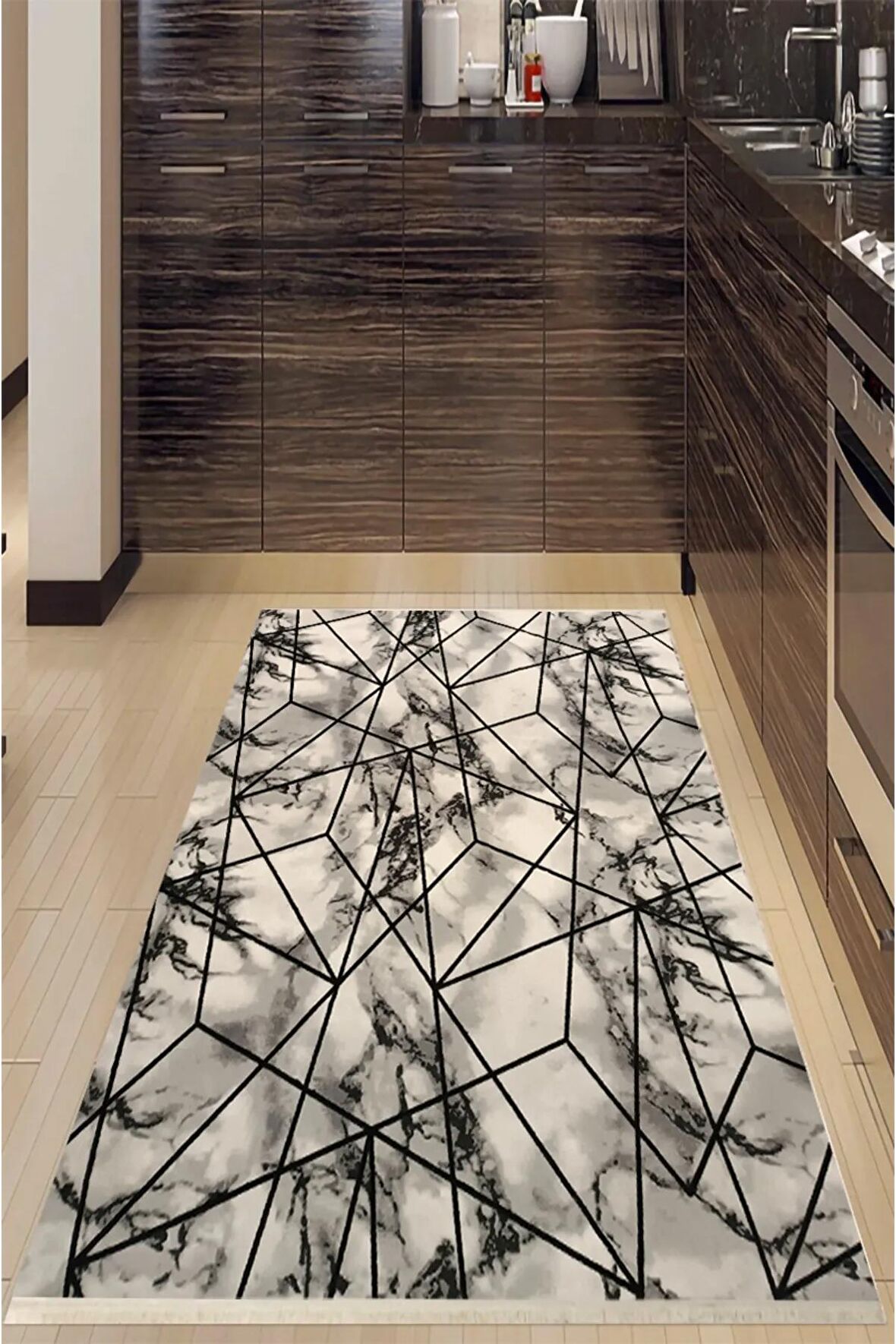 Kaymaz Taban Makinede Yıkanabilir Püsküllü 1055 Siyah Yolluk&halı (saçaklı)