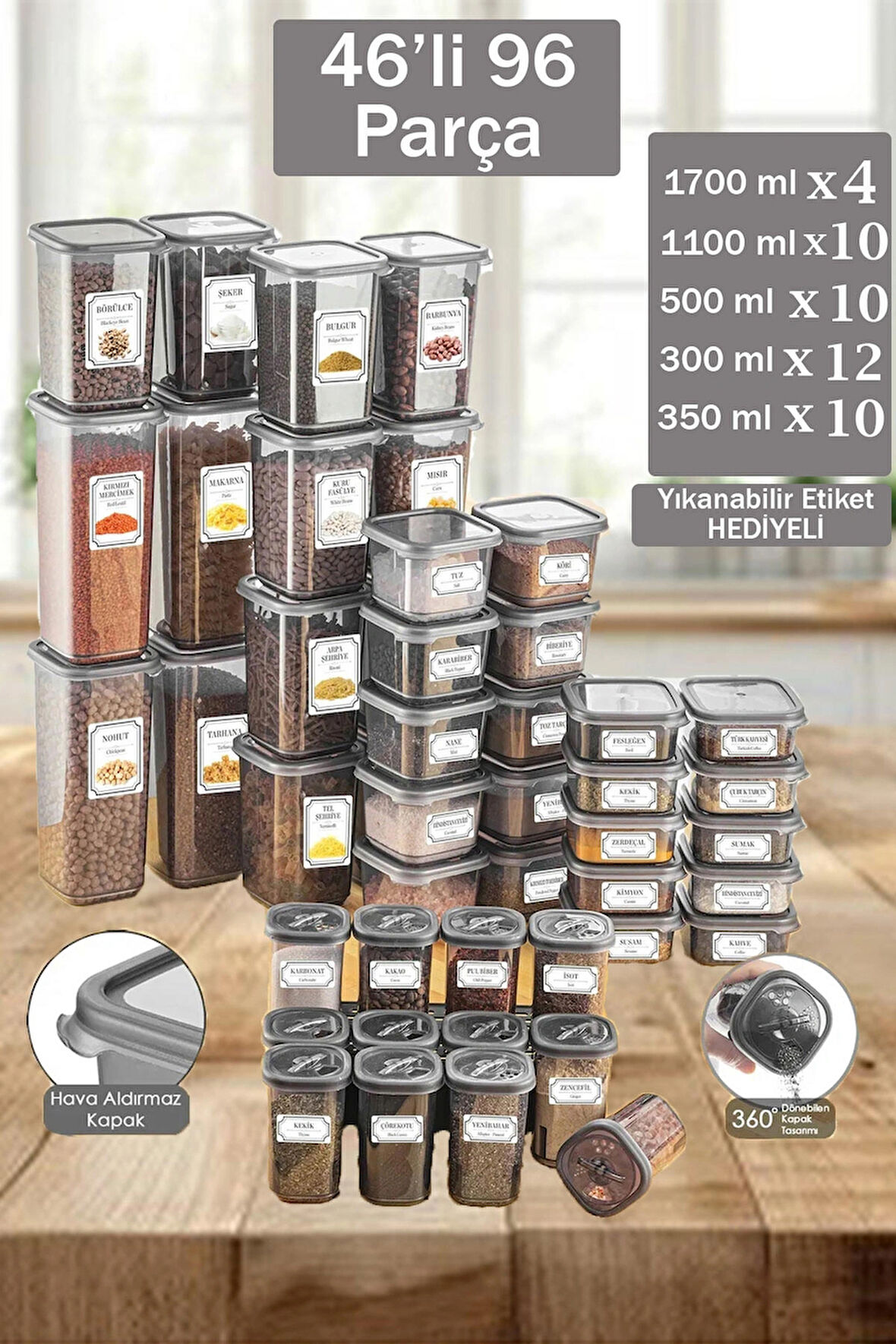 Elina 92 Parça Erzak Ve Bakliyat Saklama Kabı Baharat Seti 12x300ml 10x(350ML500ML1100ML)4x1700ML