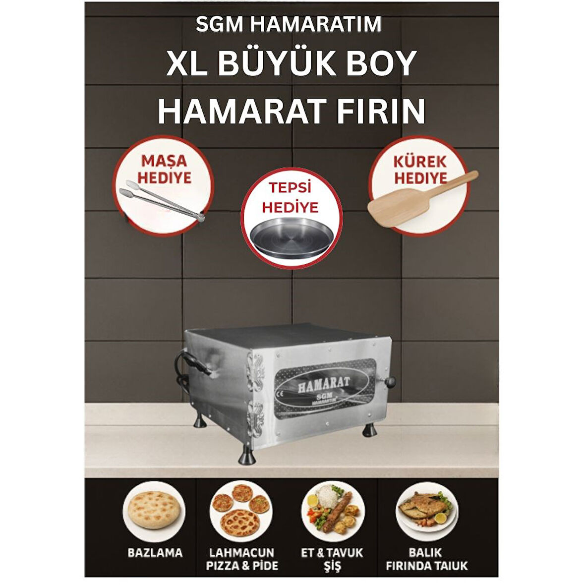 SGM Hamaratım Hamarat Xl Büyük Boy Pratik Fırın 2000w Bazlama Lahmacun Ekmek Pide Pizza Et Tavuk 