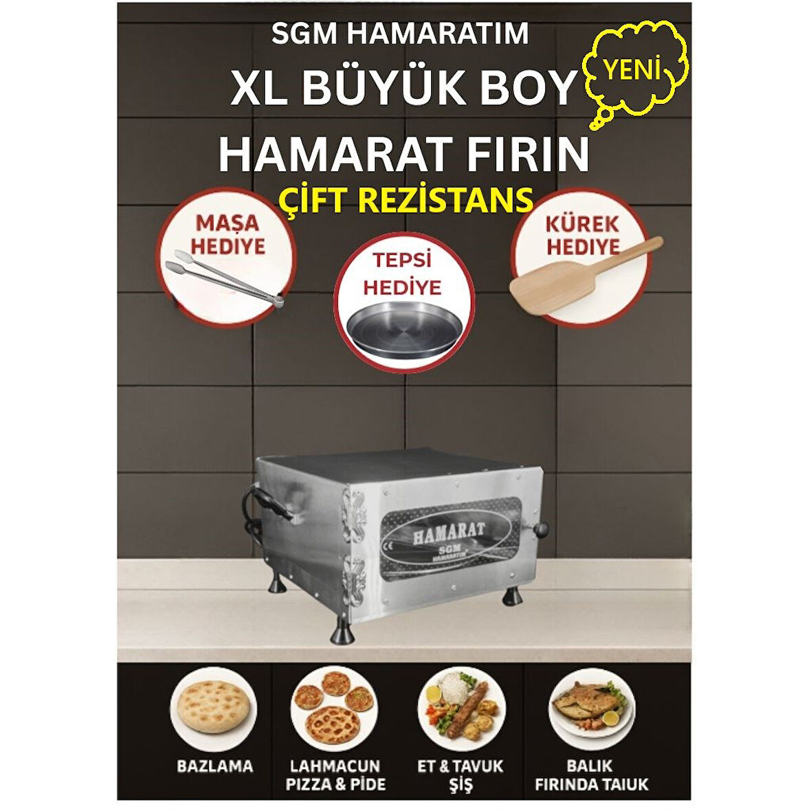 SGM Hamaratım & Elis Concept Hamarat XL Büyük Boy Çift Rezistans Pratik Fırın 2500W Bazlama Lahmacun