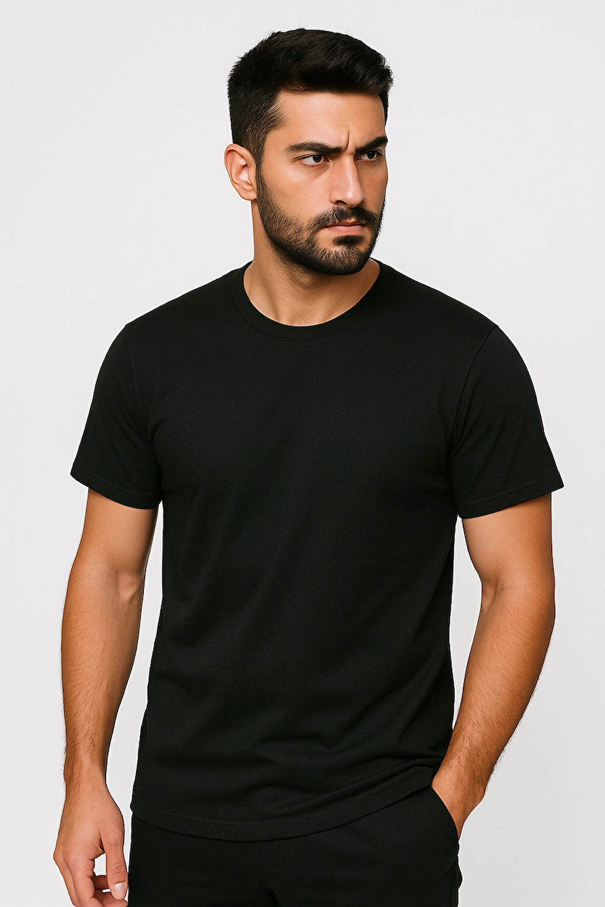 Erkek Siyah %100 Pamuk Regular Kesim Sıfır Yaka Basic Tişört - Company