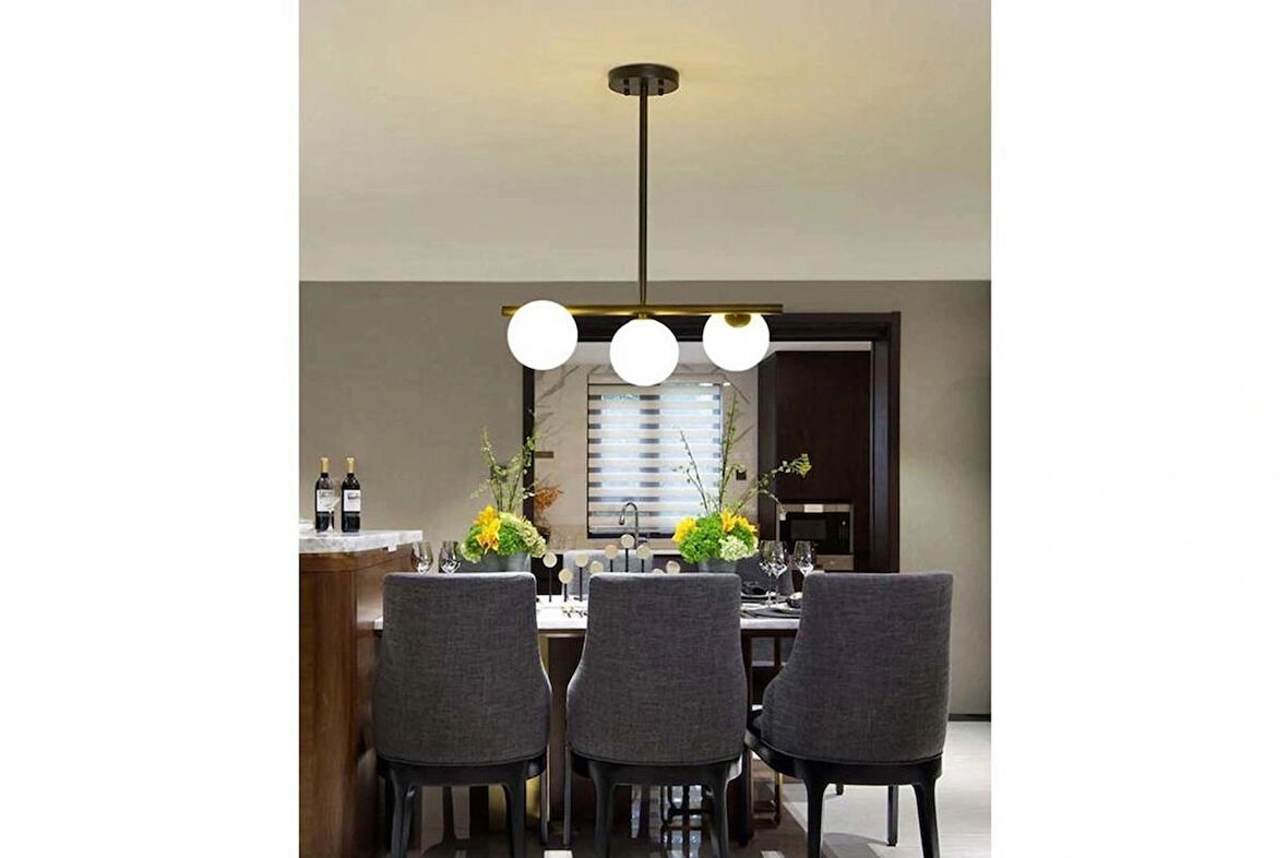 AYÇA SIRALI ÜÇLÜ BEYAZ CAMLI SİYAH KASALI AVİZE 