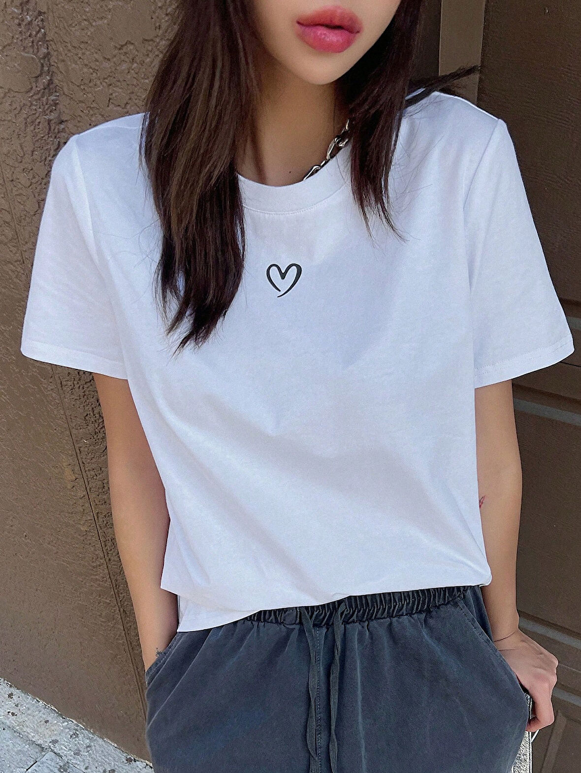 Unisex Siyah Oversize Tişört "Kalp" Baskılı Rahat Günlük T-shirt