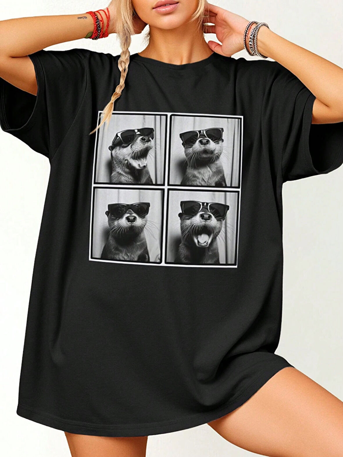 Unisex Pamuklu Siyah Oversize "Havalı Su Köstebeği" Baskılı Rahat Günlük T-shirt