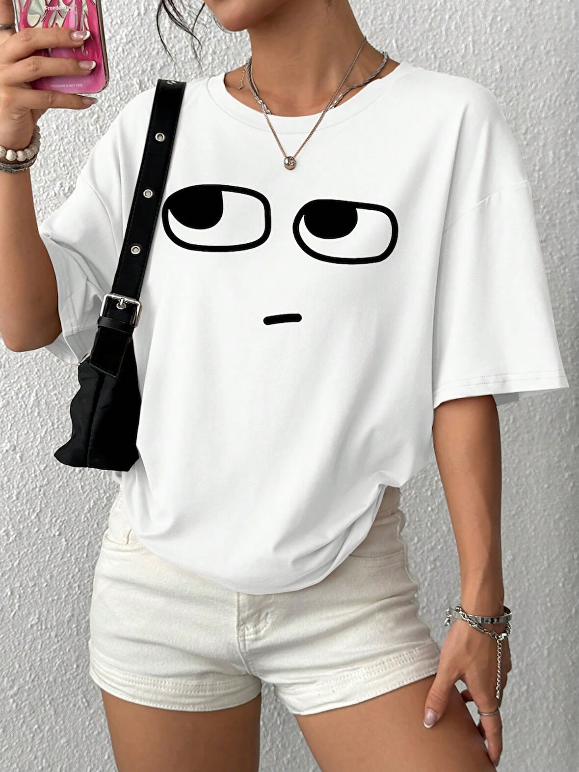 Unisex Pamuklu Beyaz Oversize "Yüz" Baskılı Bisiklet Yaka Rahat Günlük T-shirt