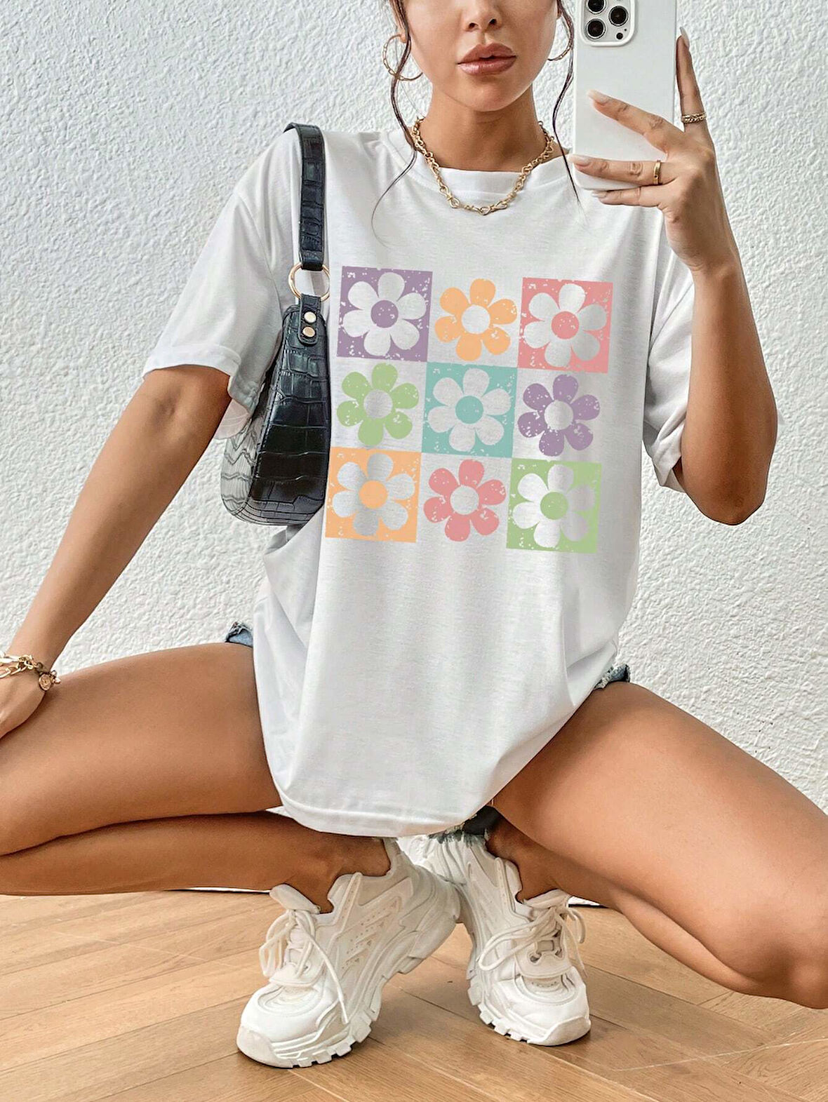 Unisex Pamuklu Beyaz Oversize "Çiçek" Baskılı Bisiklet Yaka Rahat Günlük T-shirt