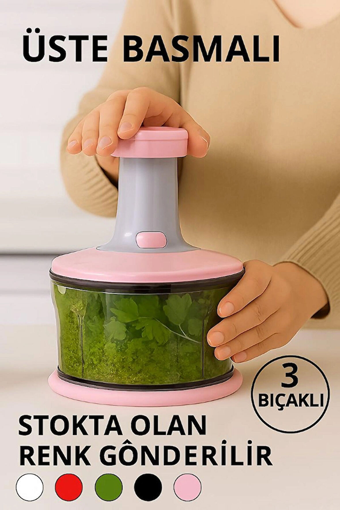 3 Bıçaklı Üstten Basmalı El Rondosu Blenderı Sebze Doğrayıcı