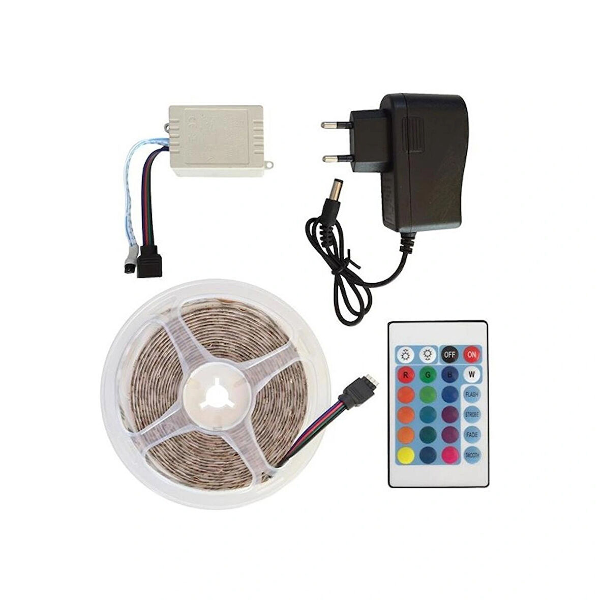 5 metre, trafolu, kumandalı, tak çalıştır RGB led şerit