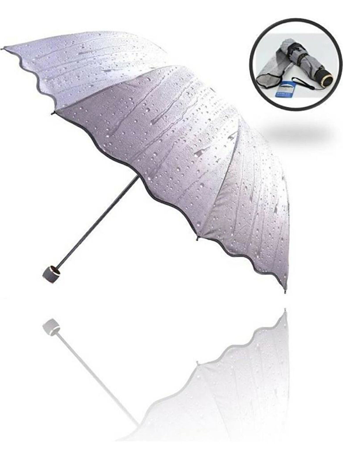 Yağmur Damlası Desenli Gri Şemsiye