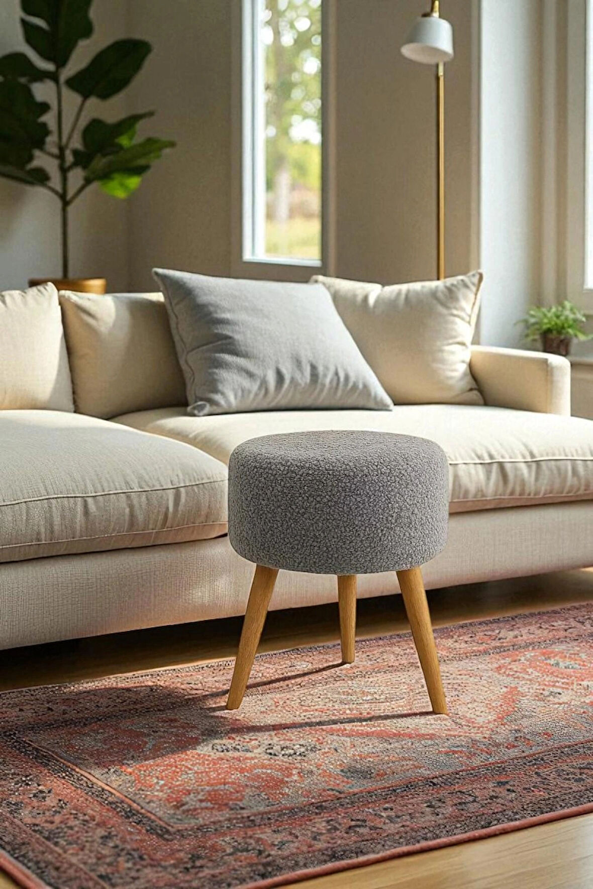 ELVIORA Teddy Peluş Kumaşlı Yuvarlak Puf Bench – Retro Ahşap Ayaklı, Dekoratif ve Konforlu Tabure