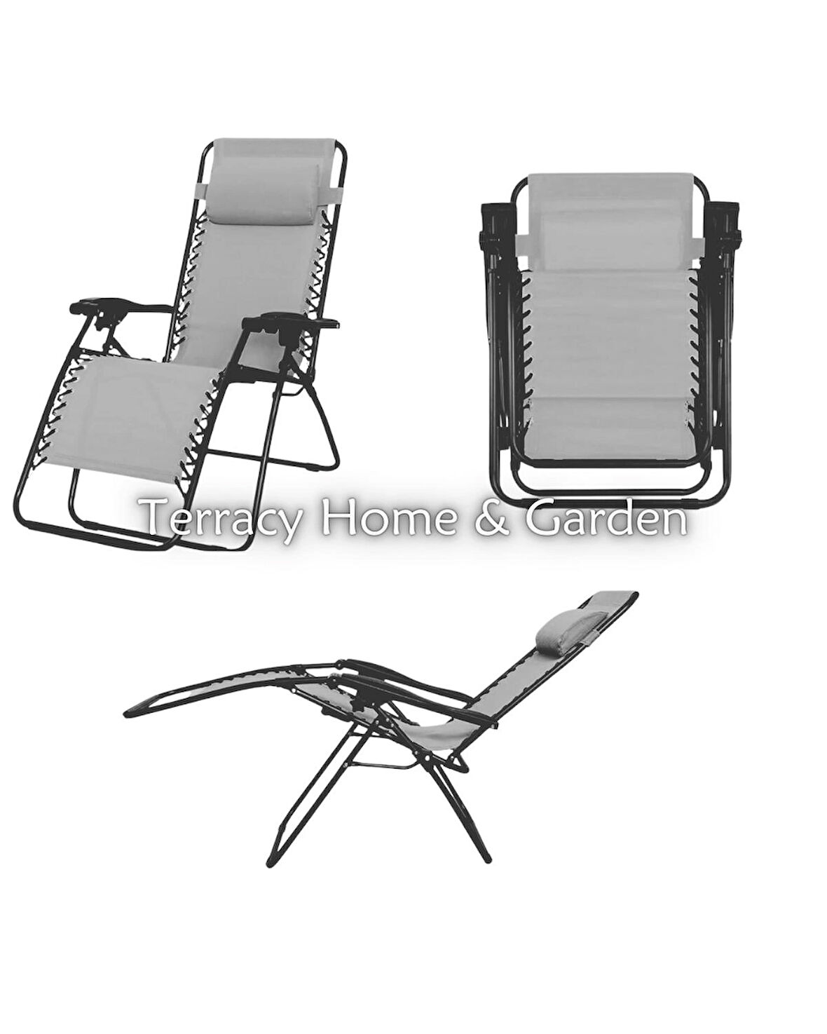 Gri Yatabilen, Ayarlanabilir Pozisyonlu, Katlanabilir Zero Gravity Şezlong, Kamp Sandalyesi, Düz Desen