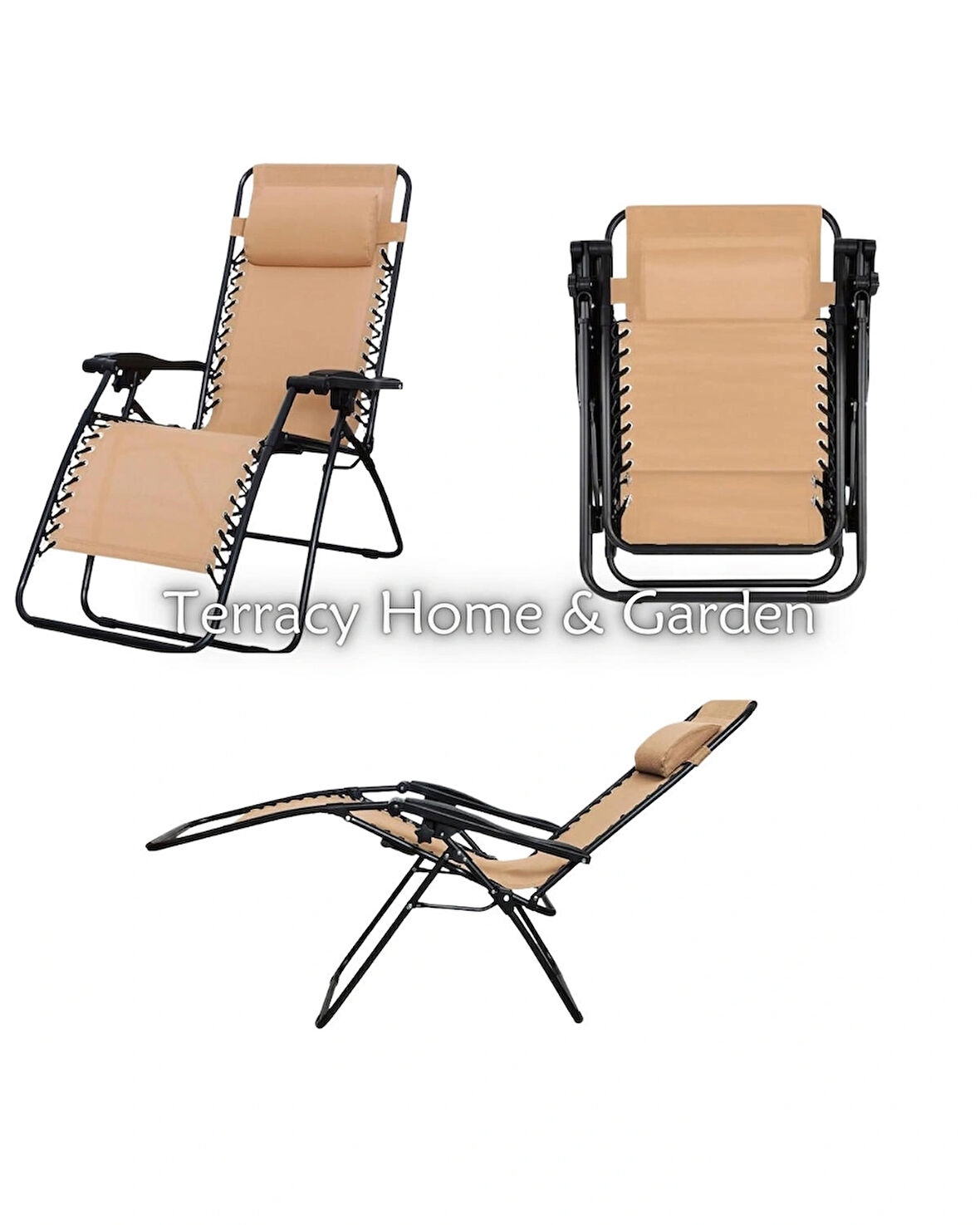 Bej Yatabilen, Ayarlanabilir Pozisyonlu, Katlanabilir Zero Gravity Şezlong, Kamp Sandalyesi, Düz Desen