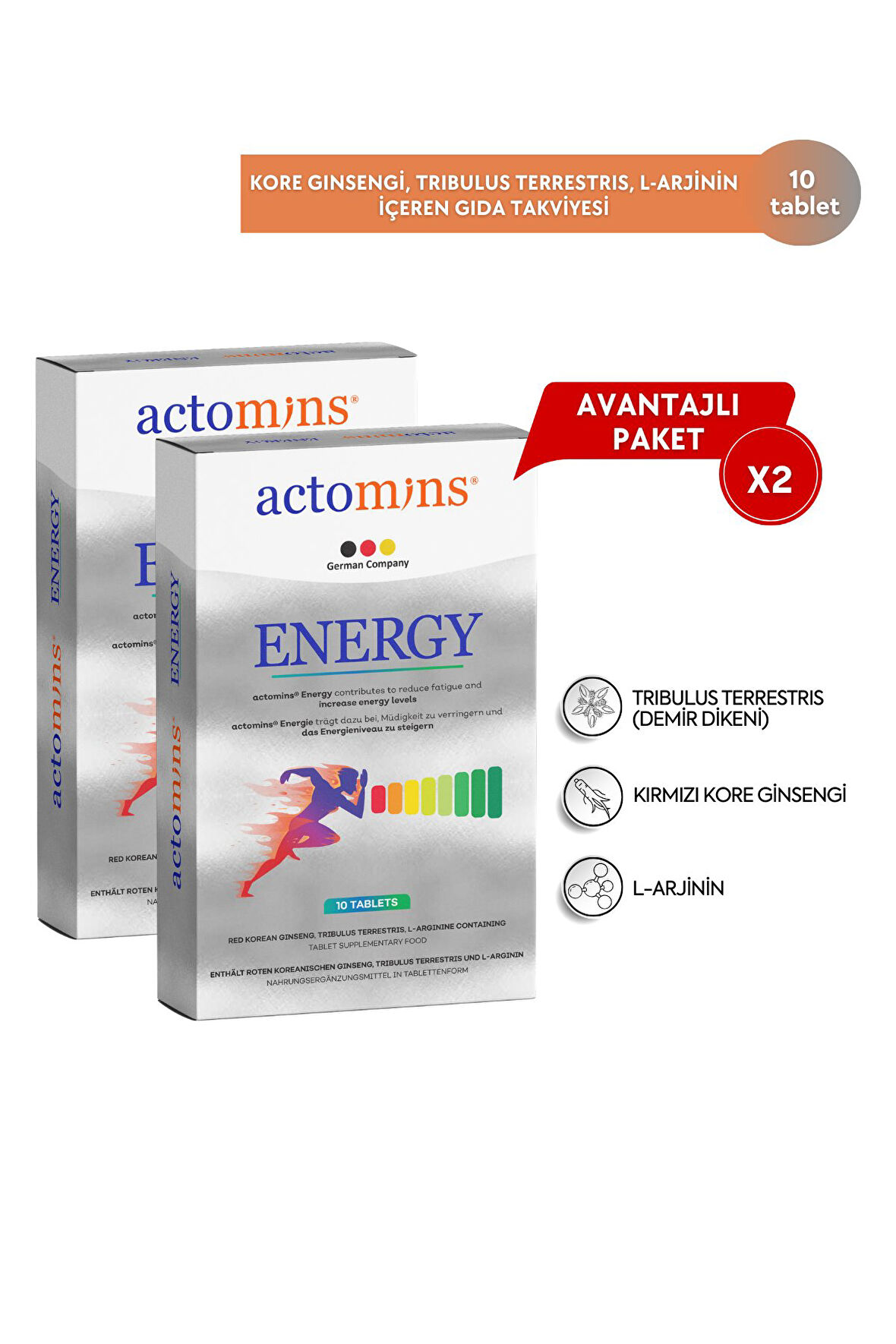 Actomins Energy Tribulus, Ginseng, L-arjinin İçeren Gıda Takviyesi 2' li Paket