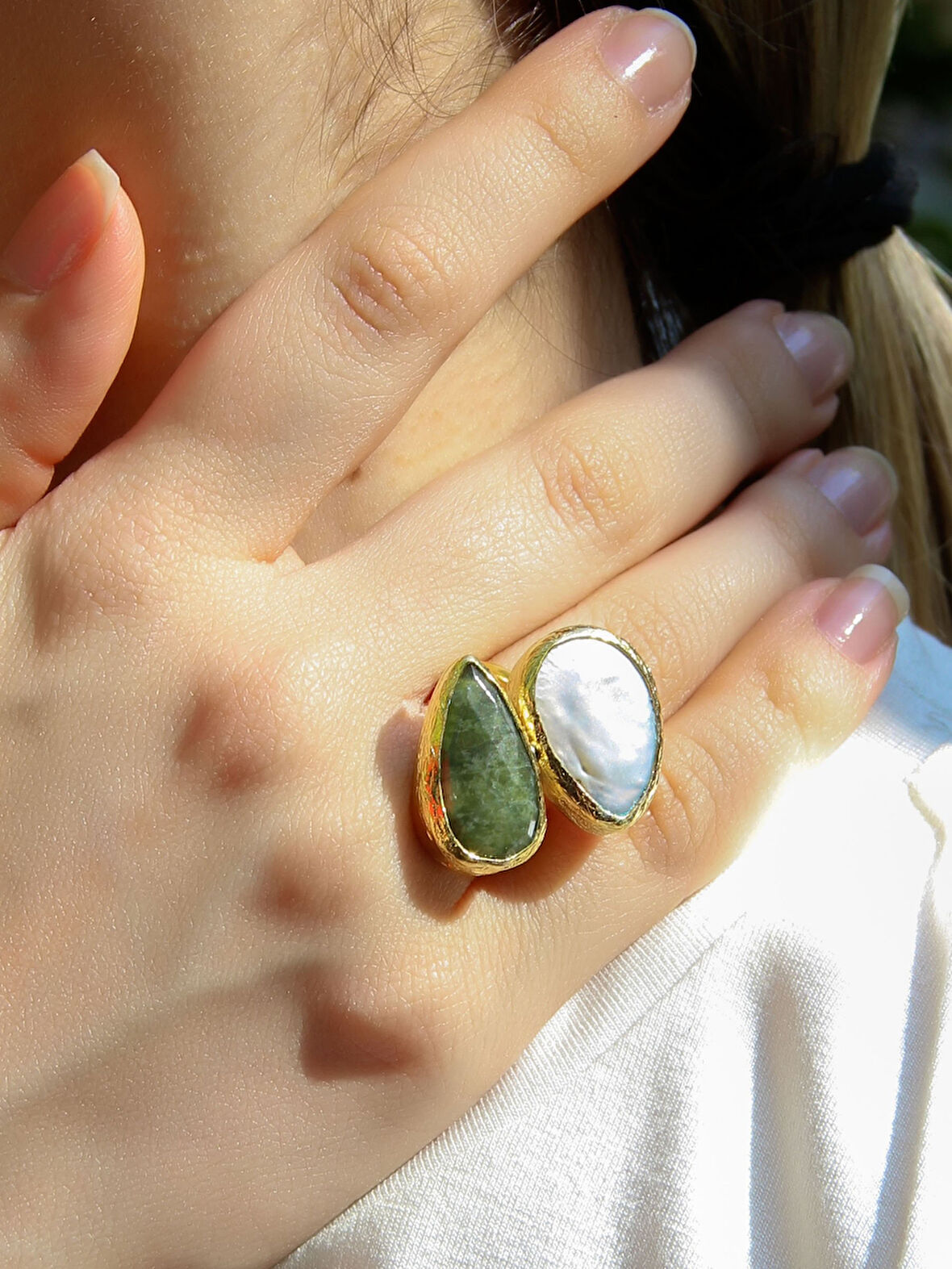 Doğal Taş Zebercet (Peridot) Sedef Gold Kaplama Kadın Ayarlanabilir Doğal Taş Yüzük eouy4zs