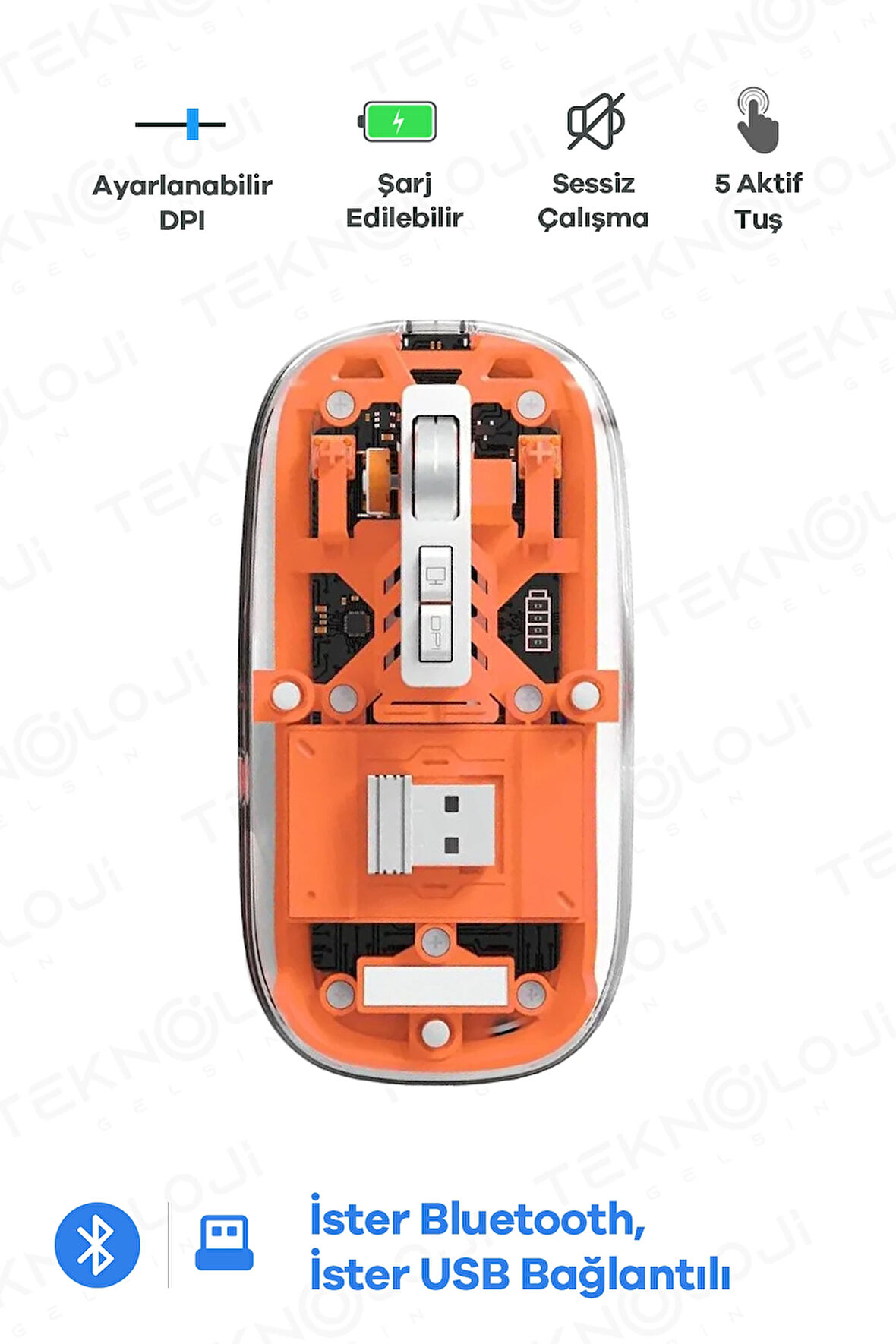 Bluetooth Usb Çift Modlu Sessiz Mouse, Şeffaf Mıknatıslı Kapaklı, Type-c Şarjlı, Dpı Ayarlı, Kablosuz 10m Çekim Mesafeli, Masaüstü Kısayol Tuşlu, Taşınabilir Şarjlı Mouse Turuncu
