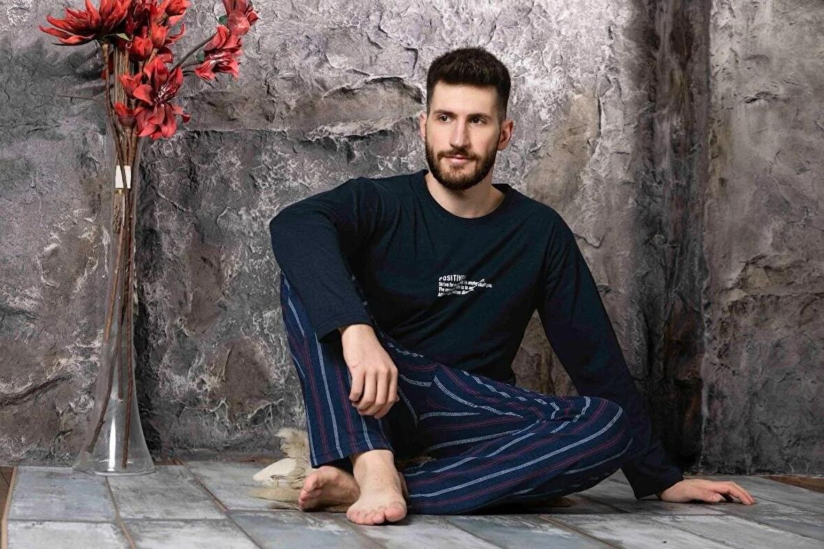 Lukitus Uzun Kollu Sıfır Yaka Baskılı Erkek Pijama Takımı