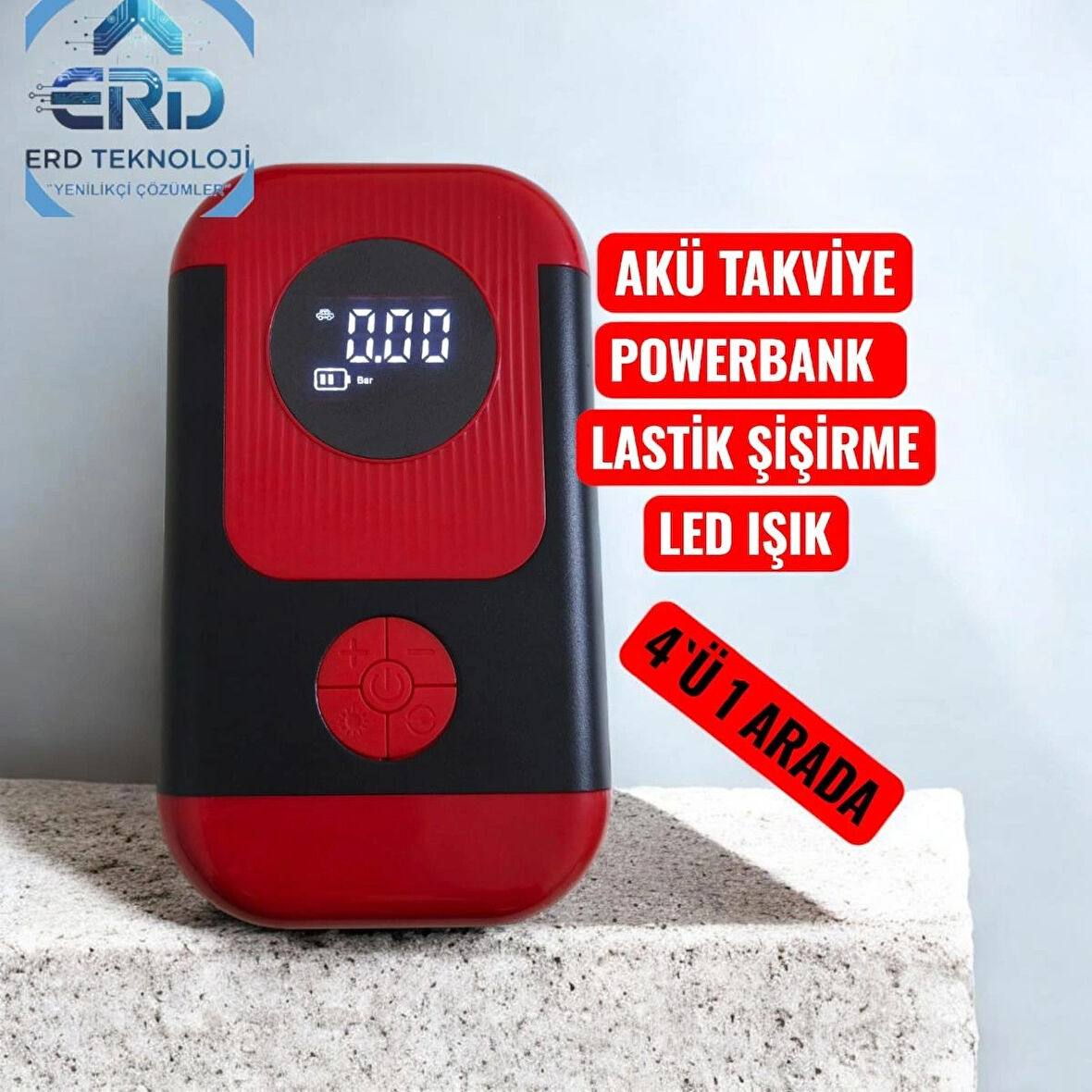 Taşınabilir Çantalı Araç Akü Şarj Takviyeli Göstergeli Işıklı Hava Kompresörü 8000Mah Powerbank