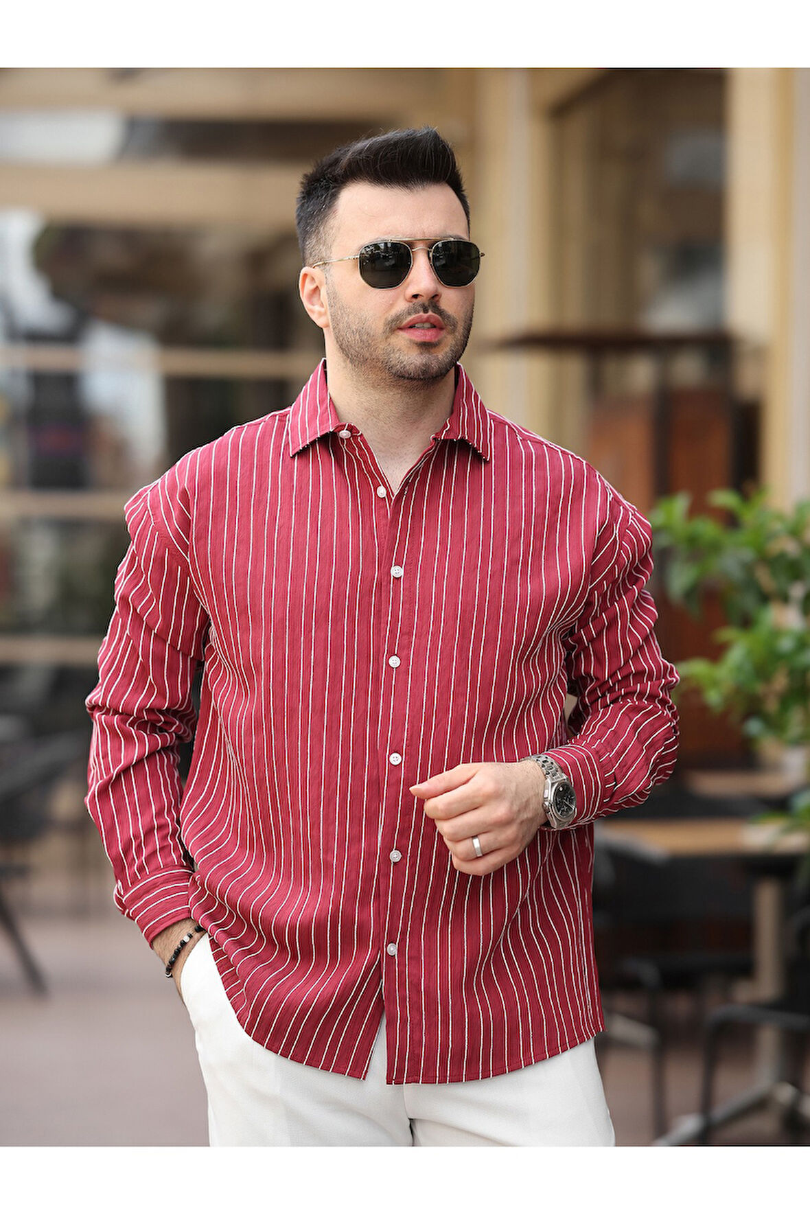 Yeni Sezon Eşref Tek Hafif Oversize Uzun Kollu Likralı Ütü İstemez Trend Çizgili Gömlek