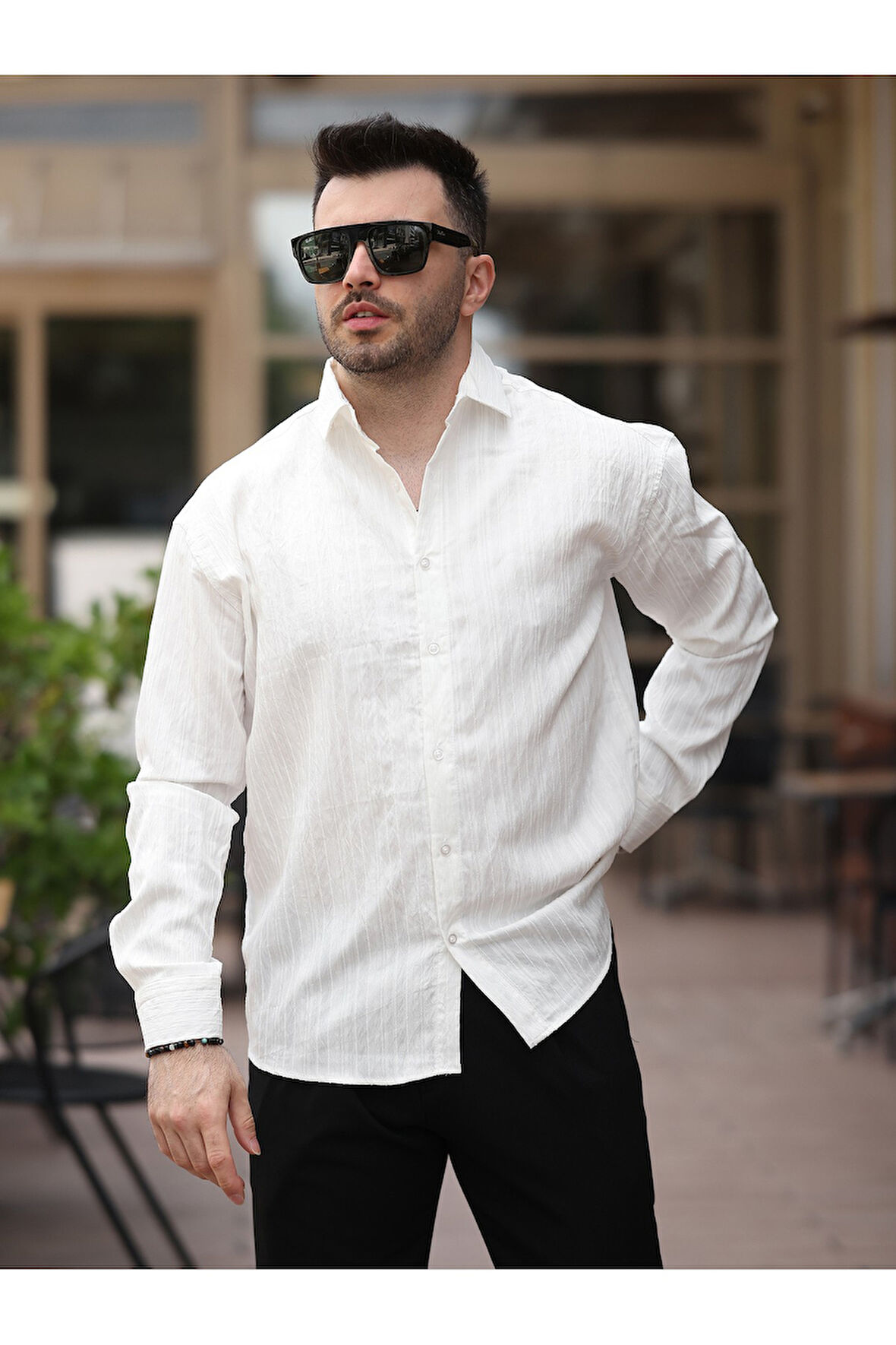 Yeni Sezon Eşref Tek Hafif Oversize Uzun Kollu Likralı Ütü İstemez Trend Çizgili Gömlek