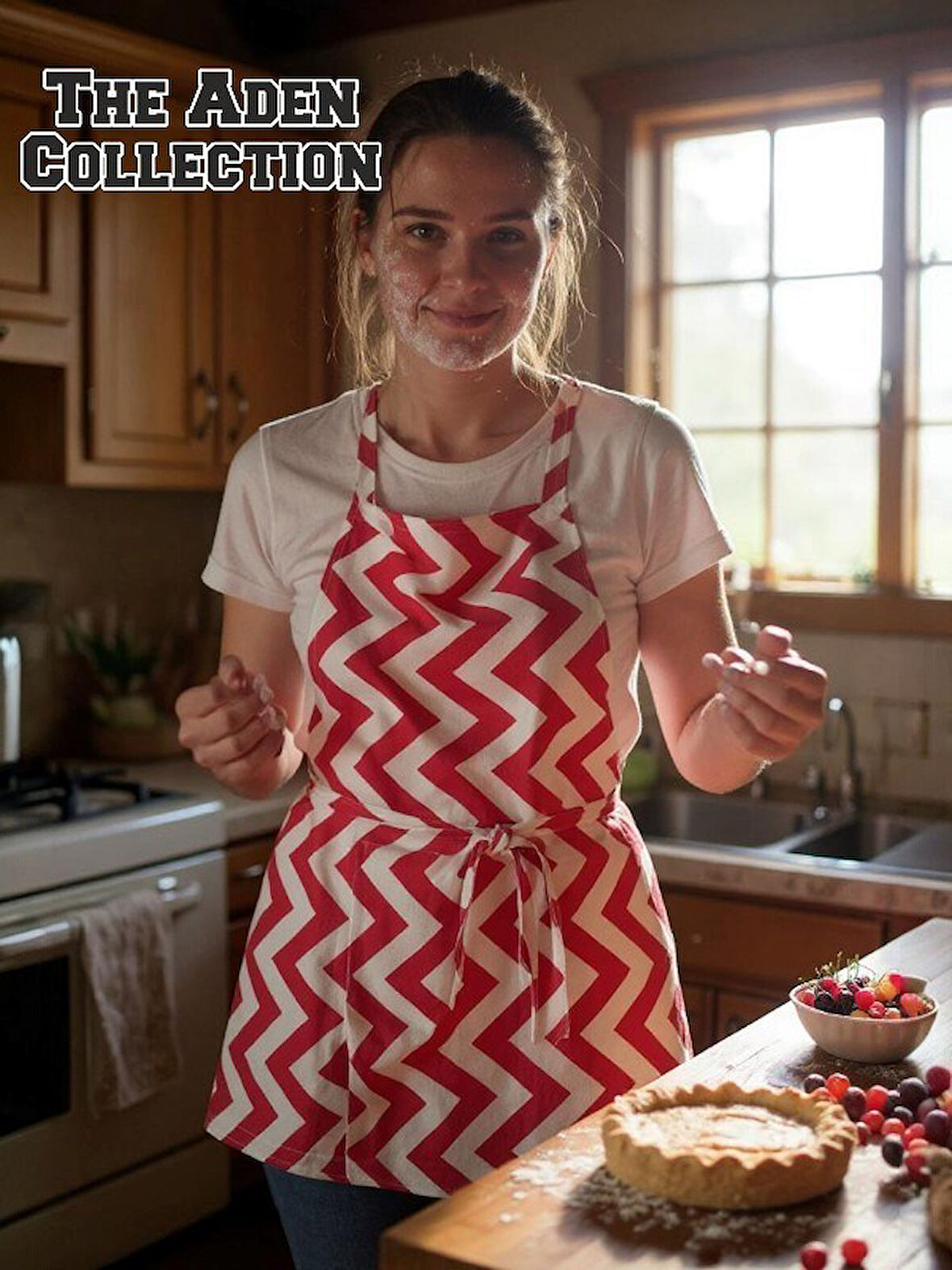 Zikzak Desenli Mutfak Önlüğü Kırmızı