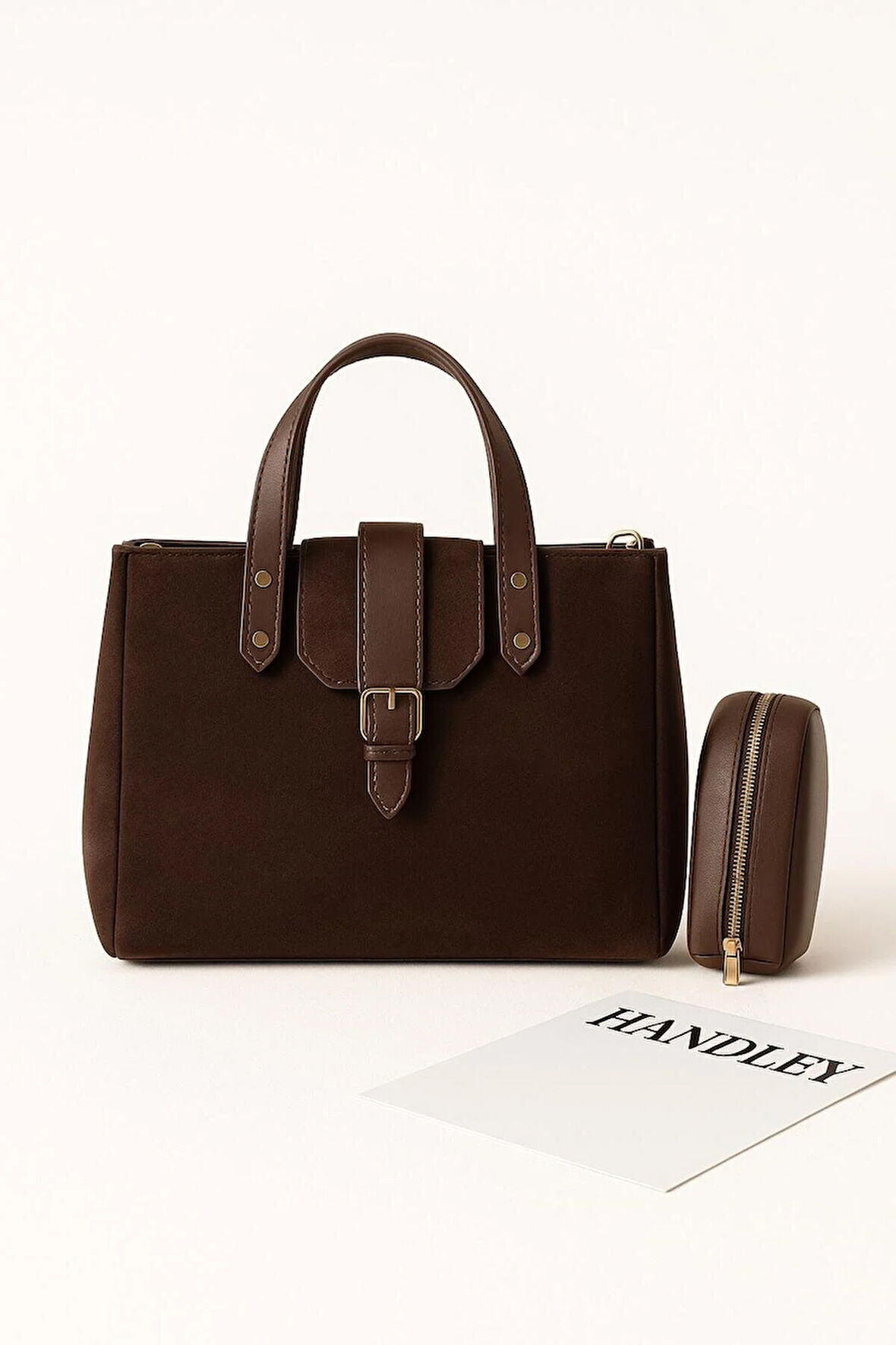 Kadın Süet Deri Detaylı El ve Omuz Çantası Seti