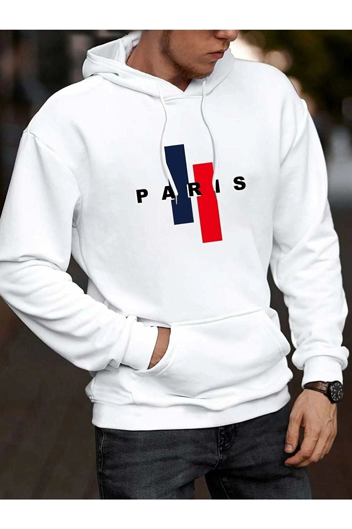 Erkek Beyaz Dik Paris Baskılı Kapüşonlu Sweatshirt