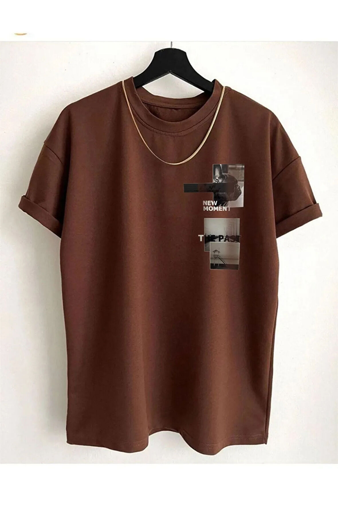 Unisex Kahverengi New Moment Baskılı Oversize T-shirt