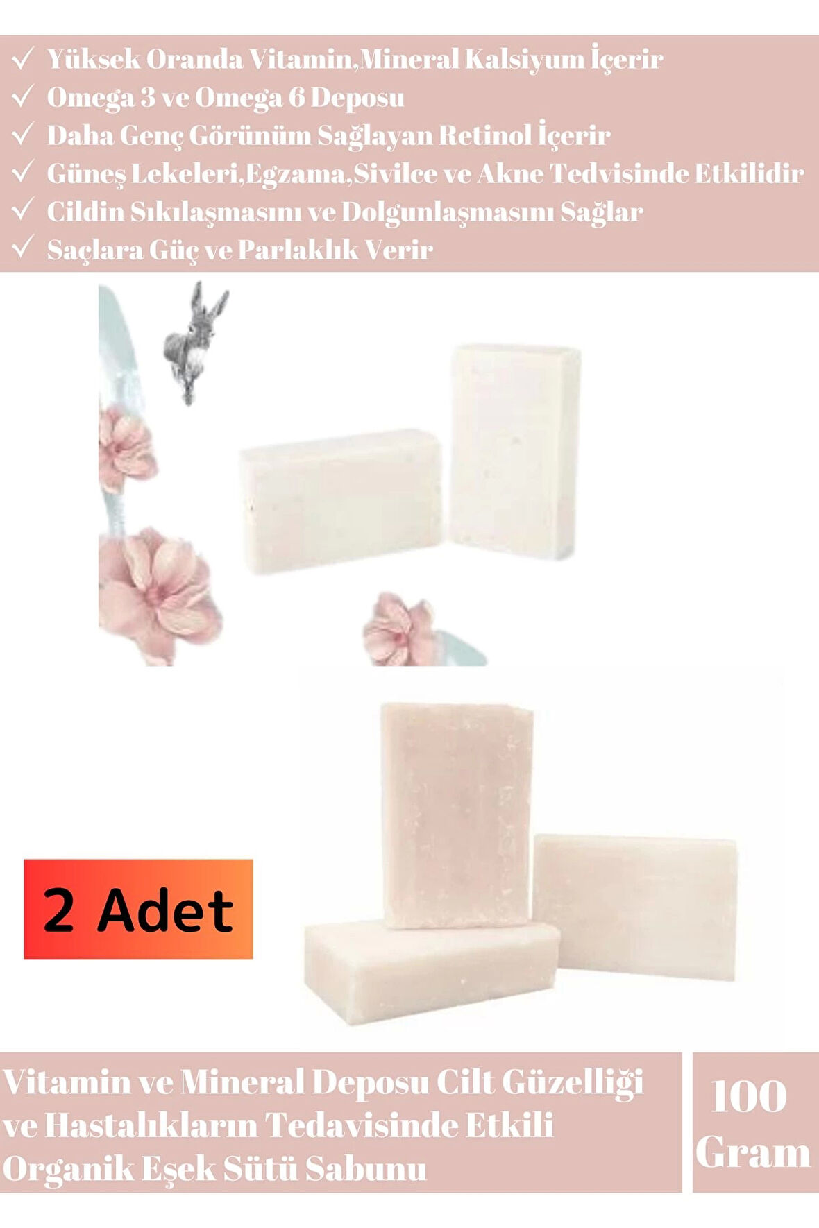 Özel Üretim %100 Bitkisel Saç Yüz Vücut El Cilt Güzelleştirici Mucizevi Eşek Sütü Sabunu 2 Adet