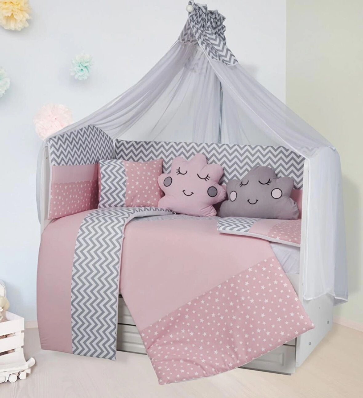 TUGU HOME&BABY ESİLA %100 PAMUK 11 PARÇA 70x130 cm BEBEK BEŞİK UYKU SETİ,BEBEK BEŞİK UYKU TAKIMI,ANNE YANI ORGANİK UYKU SETİ