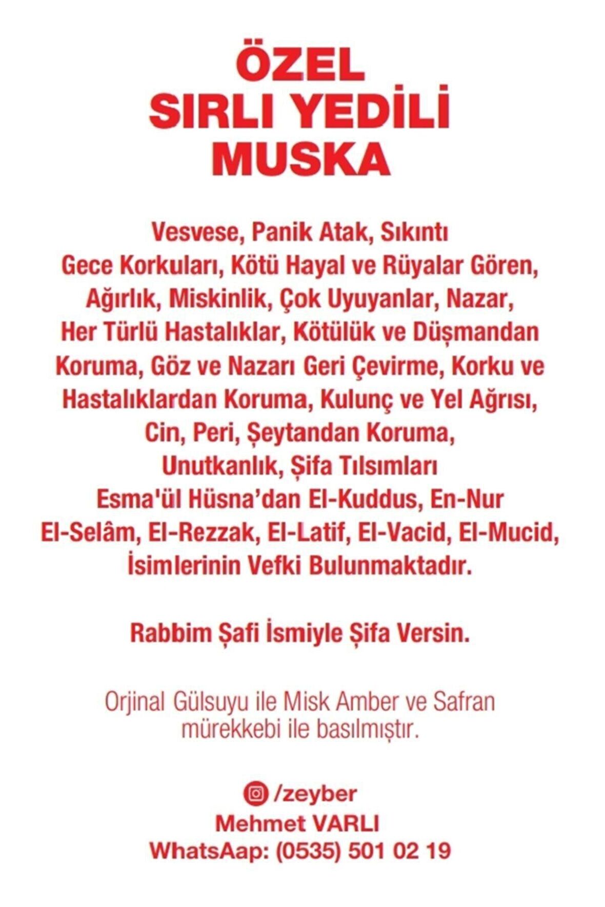 Özel Sırlı Yedili Muska - Vesvese Panik Atak Sıkıntı Gece Korkuları