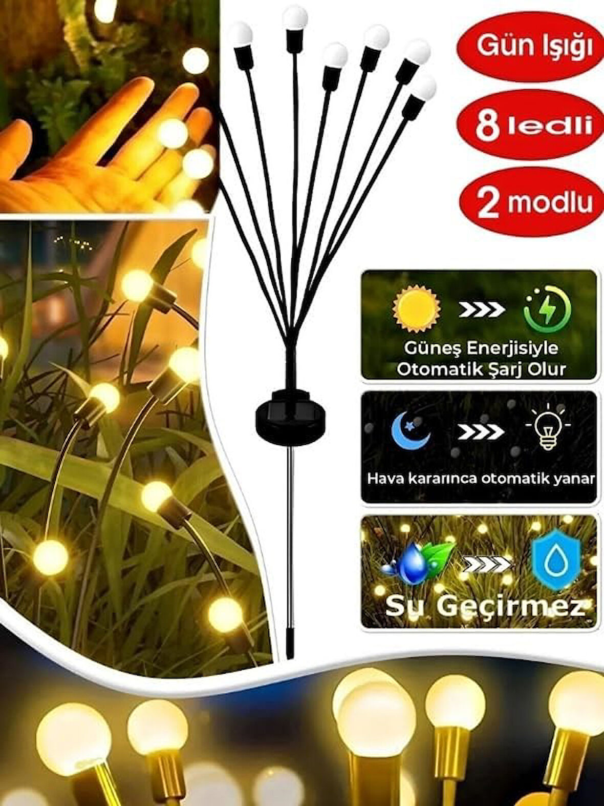 2 Adet 8 Led'li Güneş Enerjili Ateş Böceği Gün Işığı LED Bahçe Çiti Aydınlatma Lamba Solar Peyzaj