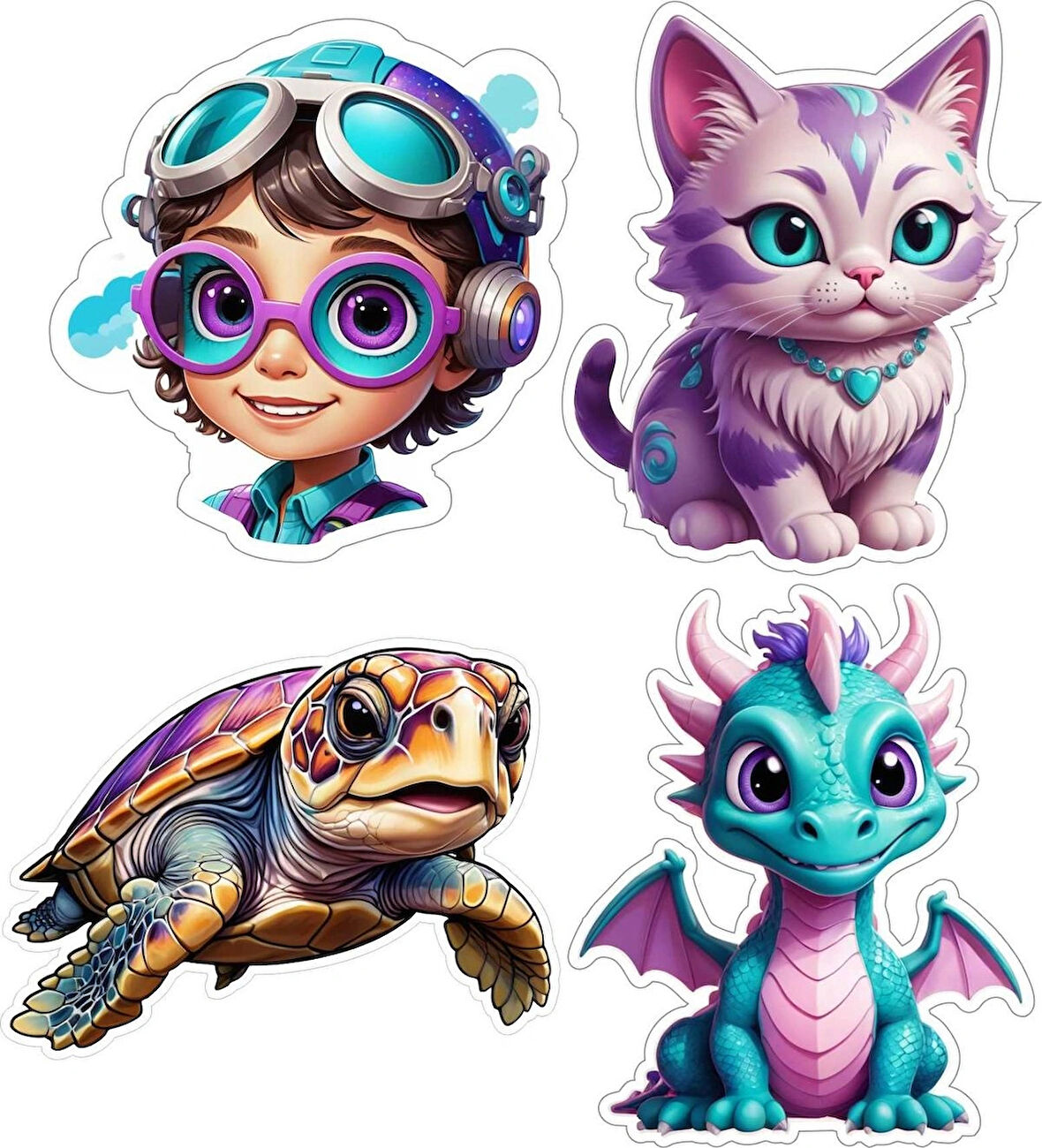 4 Adet 10x10 cm Sticker Çocuk Etiket Seti
