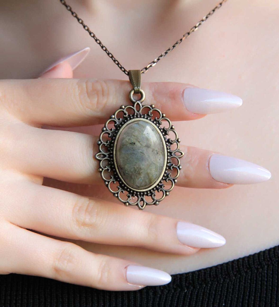 Doğal Taş Labradorit Doğal Taşlı Otantik Kadın Kolye 45 Cm Zincirli euk13lbt